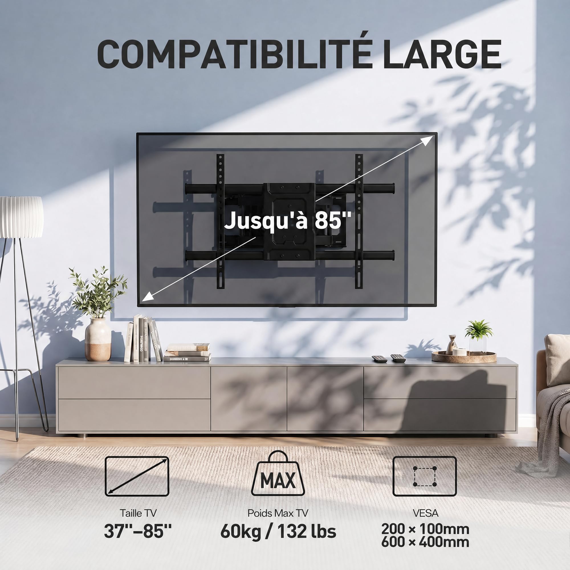 PERLESMITH Support Mural TV, pour 37-85 Pouces (94-216cm) TVs Jusqu'à 60kg | Double Bras Robuste, Fixation TV Mural Orientable et Inclinable 55 65 Pouces, Max VESA 600x400mm