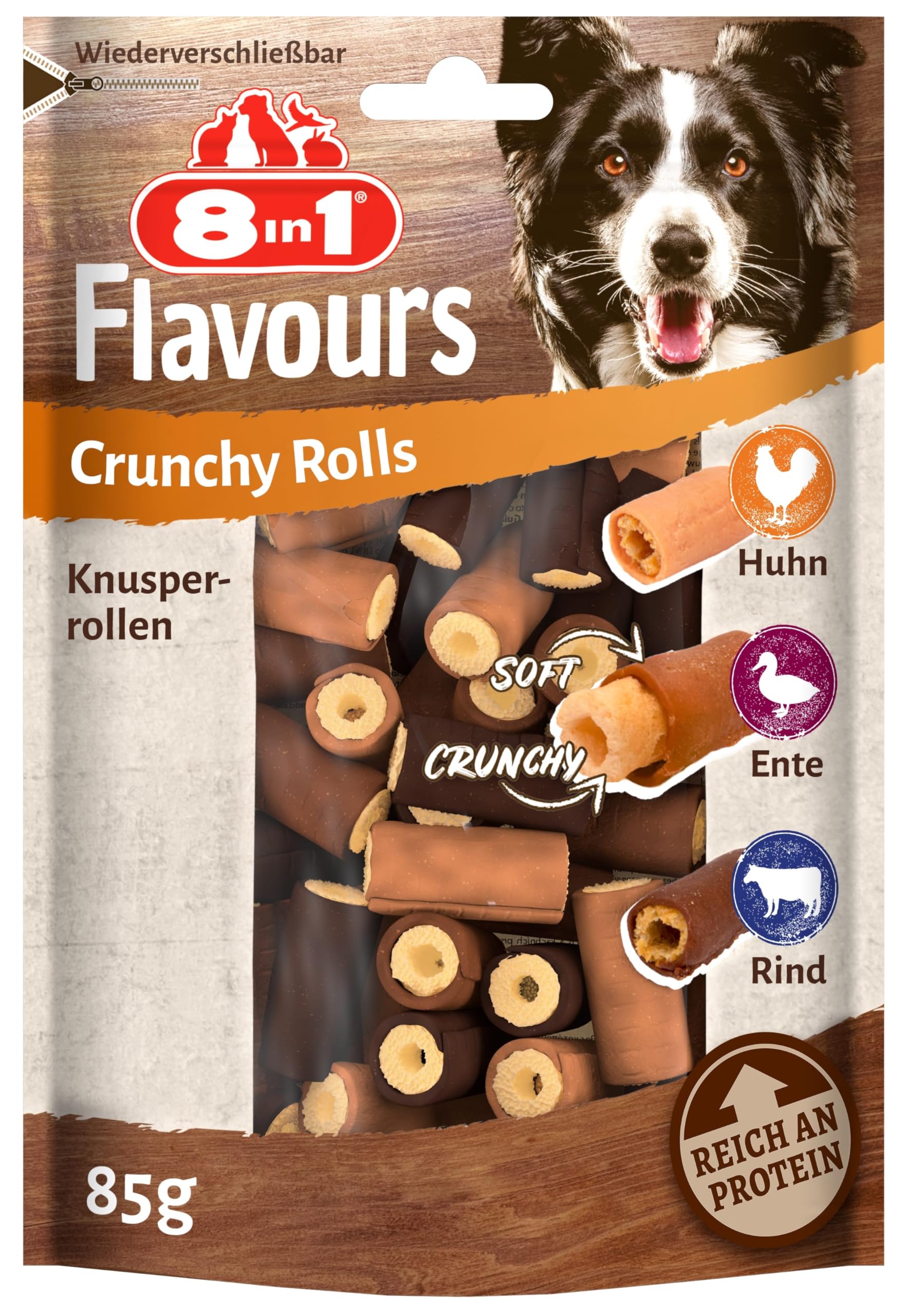 8in1 Flavours Crunchy Rolls Hunde-Snacks - knusprige Leckerlis für Hunde mit Hähnchenbrust, Entenbrust oder Rindfleisch, 85 g Beutel