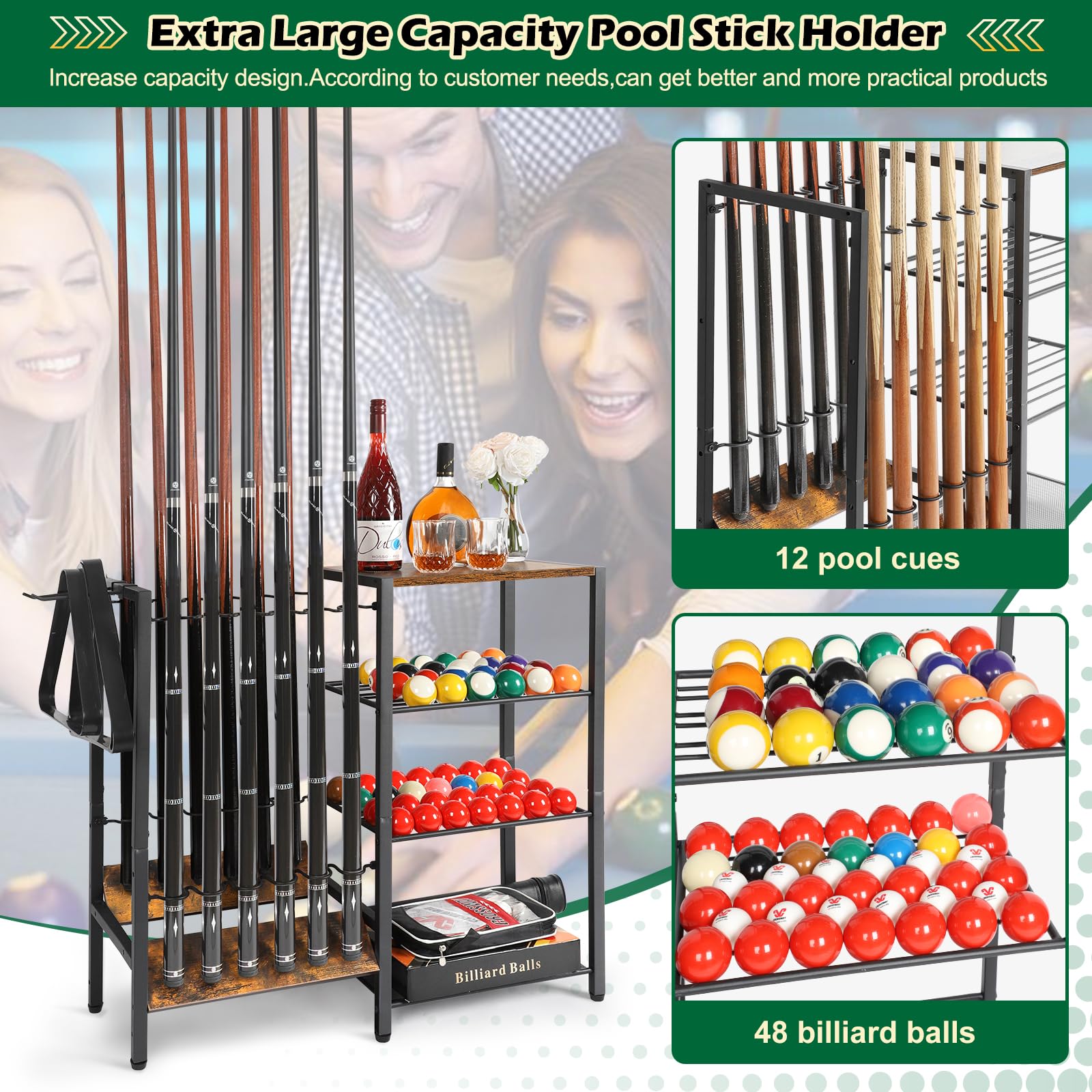 Bikoney Porta Stecche da Biliardo a Pavimento per Fino a 12 Bastone, Biliardo da Tavolo con Spazio per Palline, Grande Supporto Bastoncini da Biliardo di Accessori per Tavolo da Biliardo