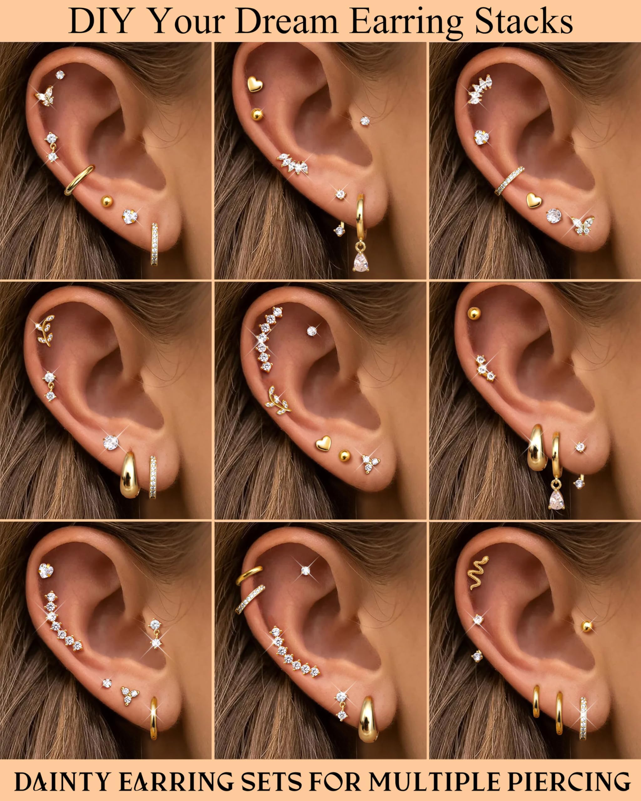 LOLIAS 20Pcs Piercing Orecchio Acciaio Chirurgico Set Orecchio Donna Orecchini Cerchio Piccoli Orecchini a Bottone Conch Piercing Cartilagine Orecchini Piercing Trago Helix Piercing Argento Oro