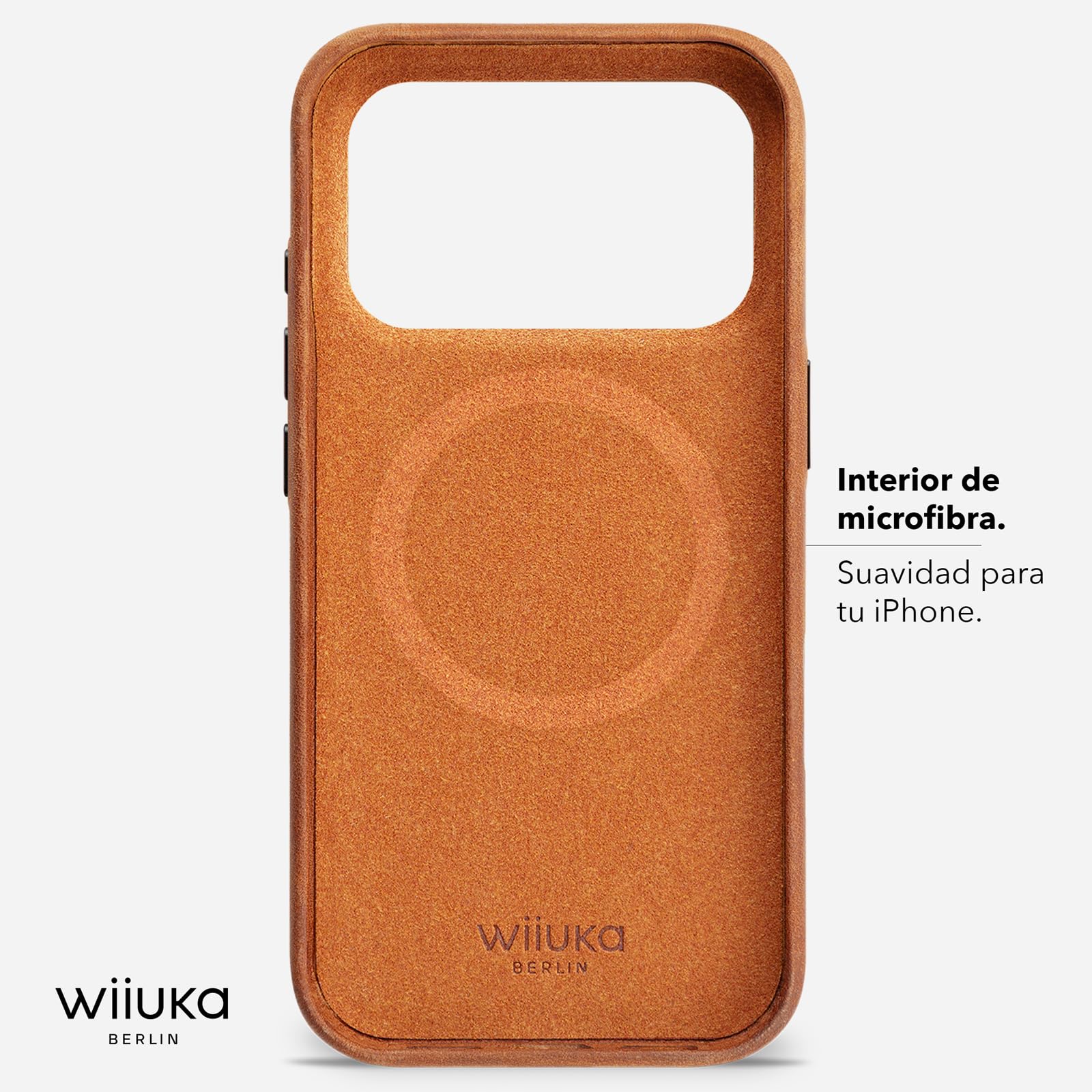 WIIUKA Funda para iPhone 17 Pro Max, piel de Alemania, protección de 360°, funda de piel extra fina, funda premium para teléfono móvil, funda Qi, skiin More VL, coñac vintage