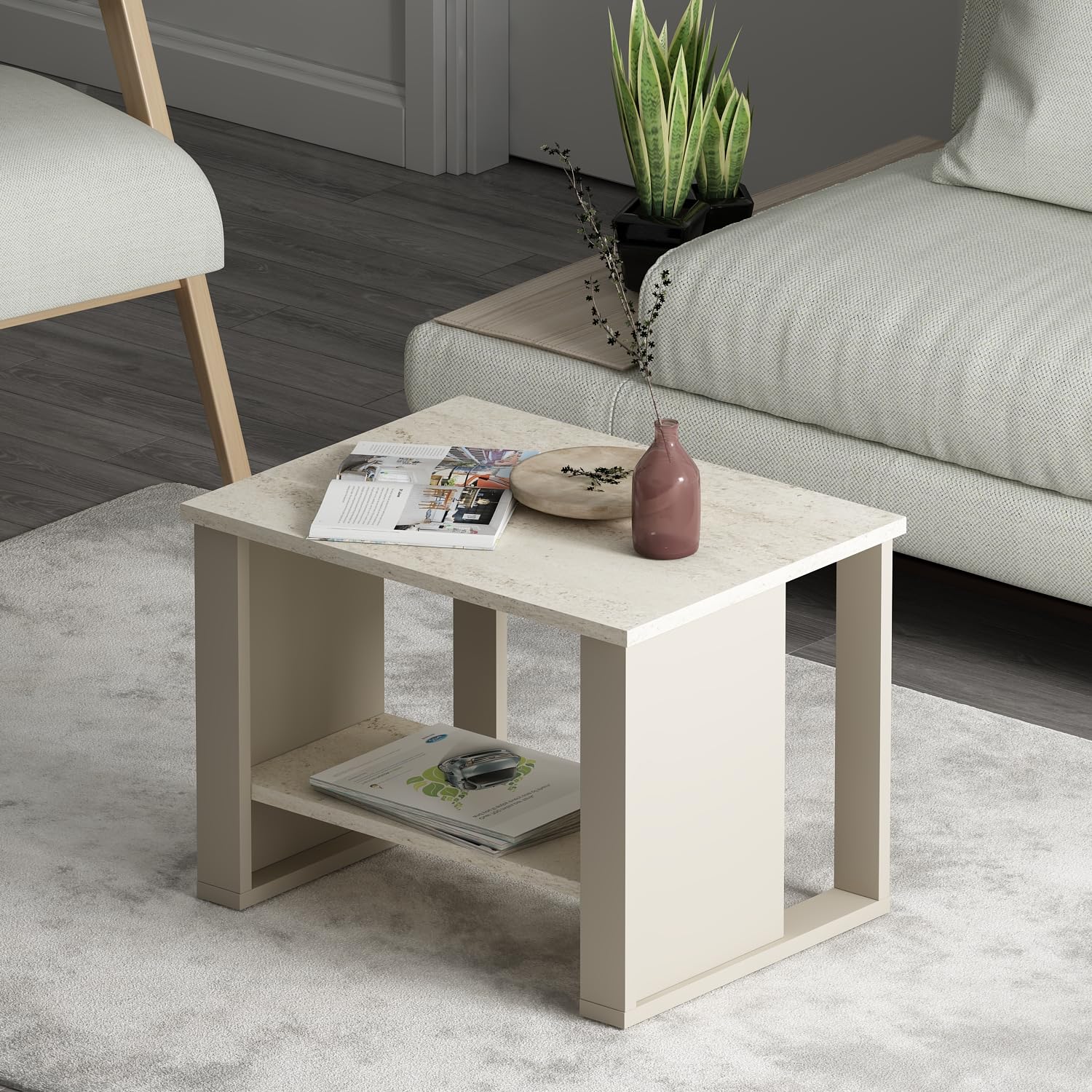 Homidea Boss Couchtisch – Moderner Beistelltisch mit Ablagefach, 60×45×43,6 cm (Beige-Travertin-Boss Couchtisch)