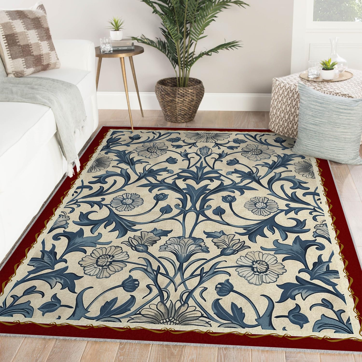 Tapis de style ethnique rétro bleu et blanc lavable en machine 160x230