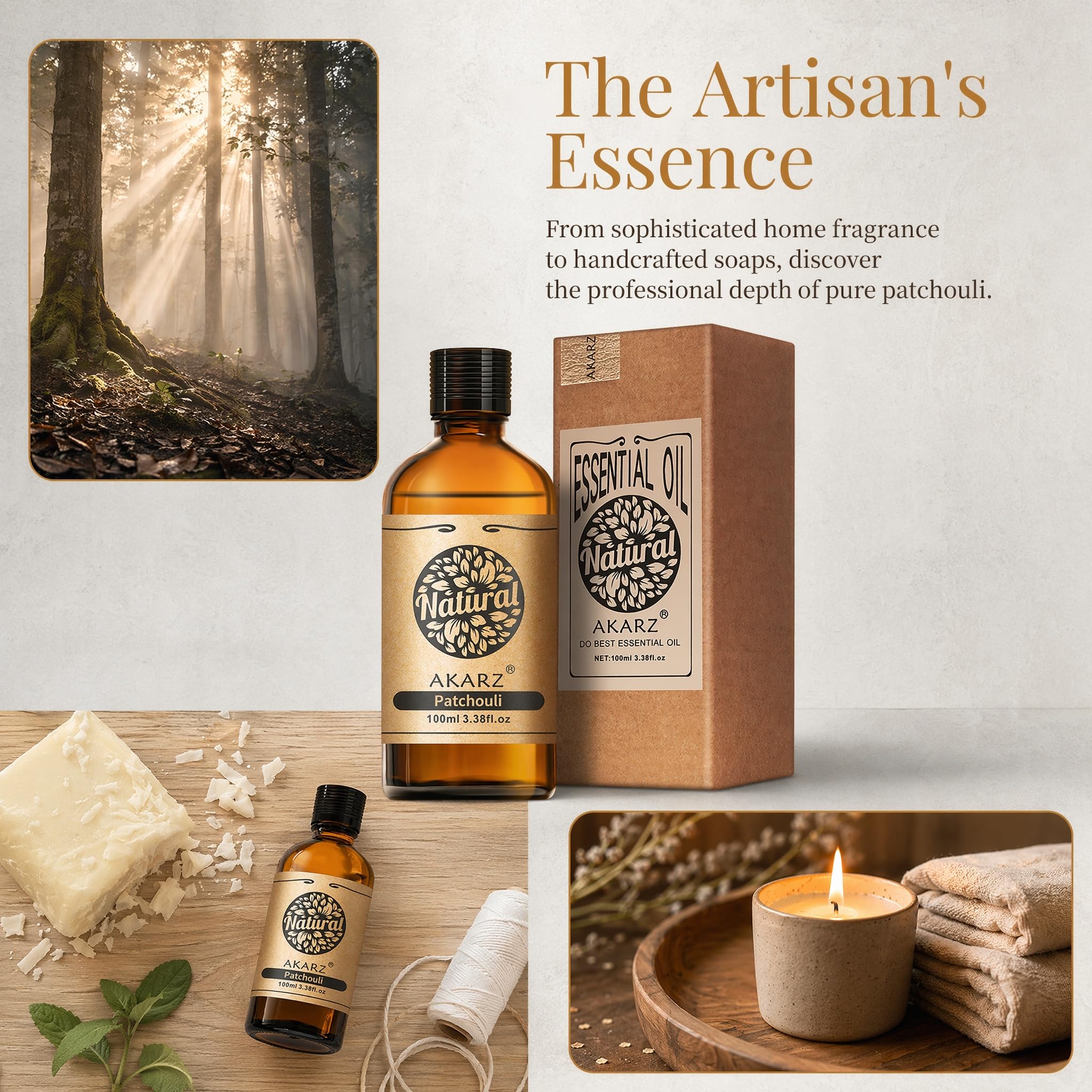AKARZ 100ml Olejek esencjny z Patchouli - Naturalny olejek aromatyczny do dyfuzorów, lamp aromatycznych i aromatów pomieszczeń