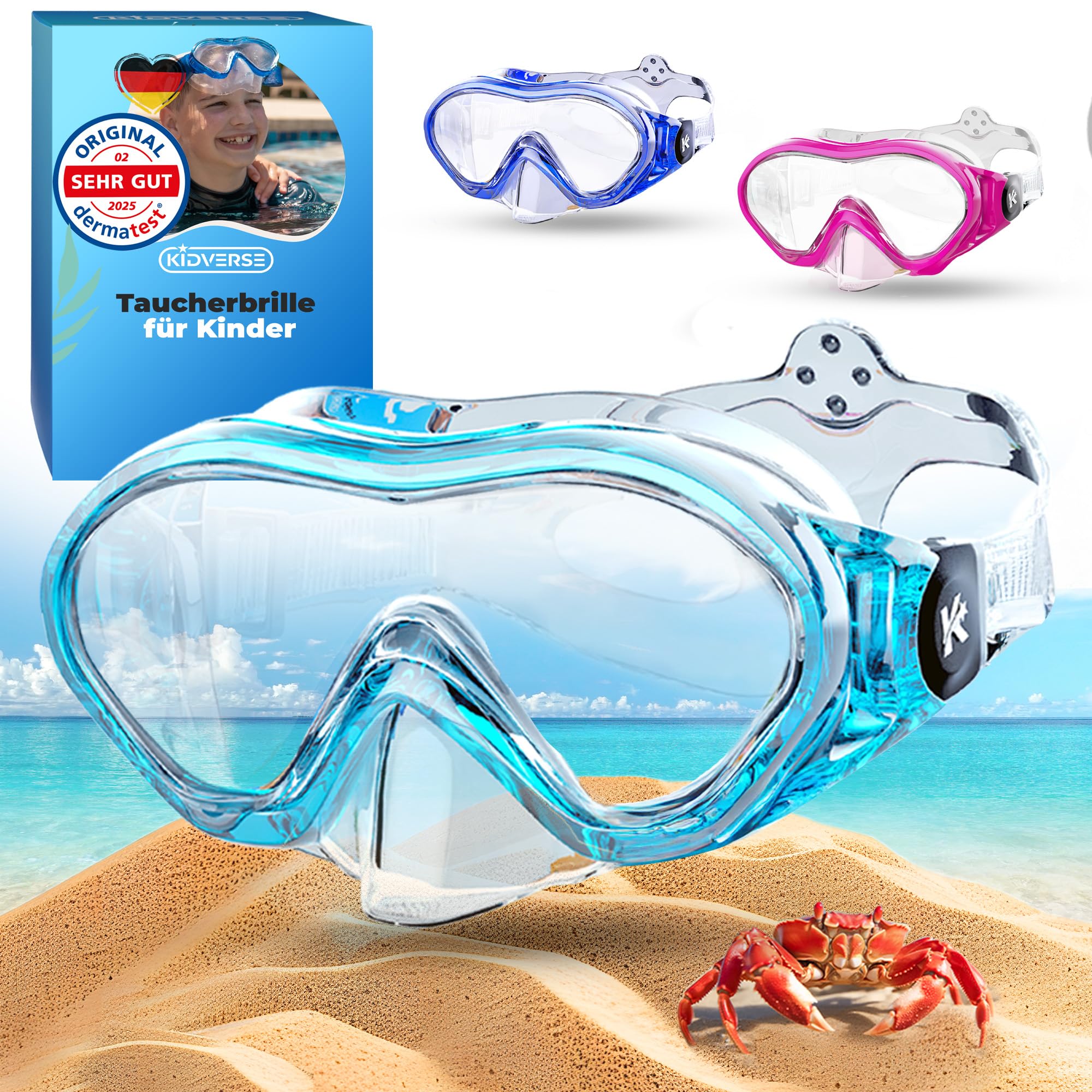 KIDVERSE Taucherbrille Kinder mit Nase - CE & Dermatest geprüfte Kinder Taucherbrille mit Stoffband oder Silikonband - Tauchmaske ab 5 Jahre für Mädchen & Jungen - Bequeme Kindertaucherbrille