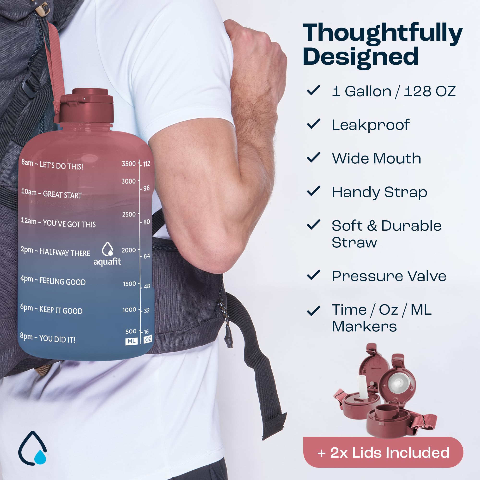 AQUAFIT 1 Gallon Water Bottle with Time Marker - 128 oz Water Bottle with Straw - Gym Water Bottle with Strap, Big Water Bottle with Handle, Reusable Water Bottles with Straw (2 Lids, Rose Sky)