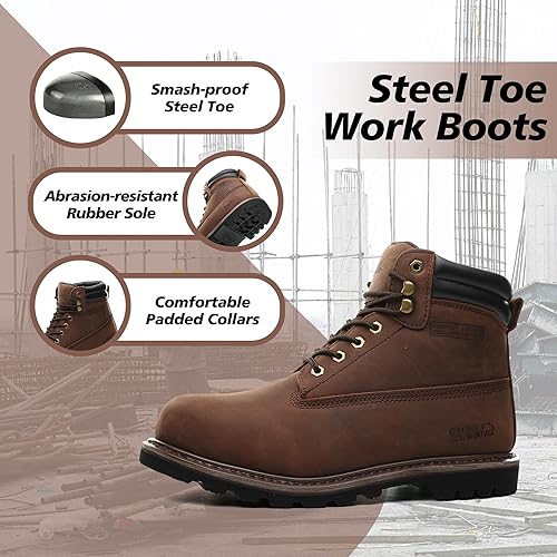Miniatura 3 de Botas de trabajo con punta de acero para hombres, botas de trabajo de seguridad de construcción industrial antideslizantes de 6 pulgadas cómodas,