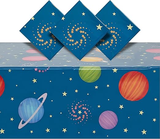 BLUE PANDA 3 Pack Plastic Outer Space Tablecloths, Disposable Planets Table Covers for Galaxy Birthday Party Decorations (54 x 108 in) - Space Themed Party Decorations