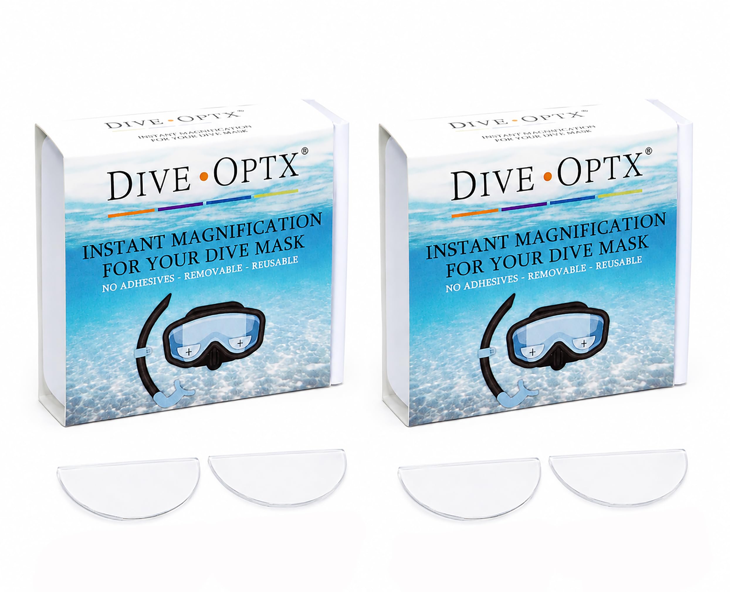Calabria Hydrotac Dive OPTX 20/20 - Lentes bifocales adhesivas + 2.00, paquete de 2 máscaras de buceo con aumento y calcomanías bifocales