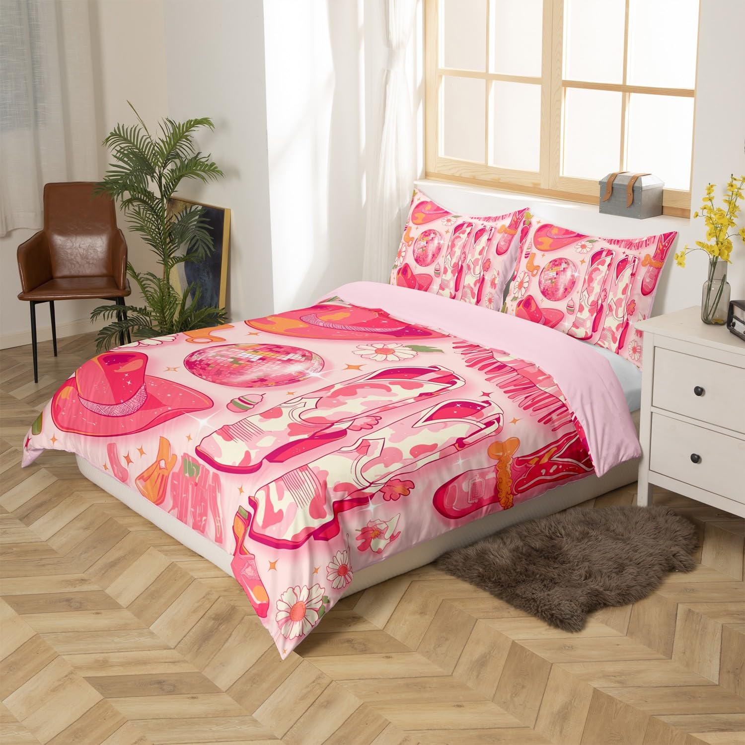 jejeloiu Girls Pink Western Decor Bedding Set Wild West Cowgirl Hat Boots Duvet Cover Toddler Star Print Rodeo Cowgirl Style Comforter Cover Set Disco Mirror Ball Bedspread Cover
