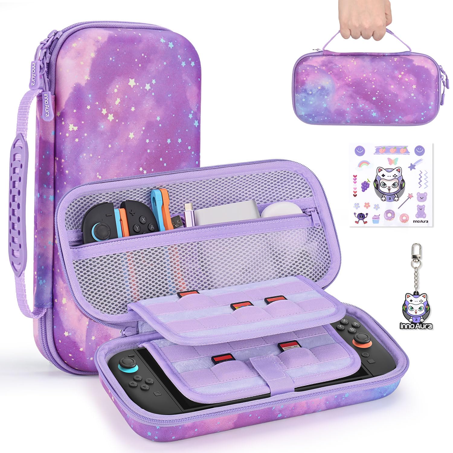 innoAura Étui Switch 2, Étui PU Résistant aux Éclaboussures et Chocs pour Switch 2, Poche Maille Extra-Large, Double Fermeture Éclair, Emplacement AirTag (Non Inclus), Violet Galaxy