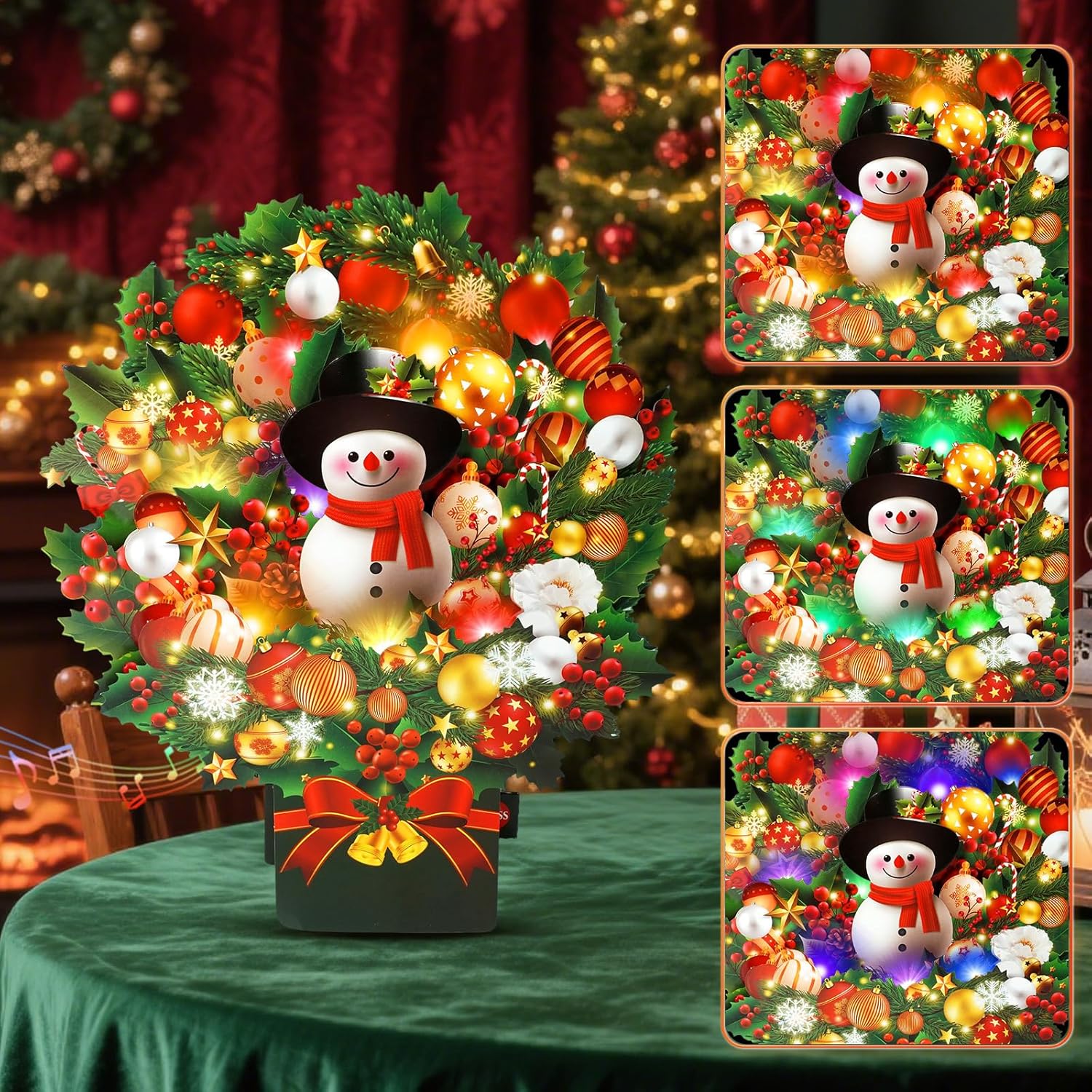 Christmas Cards with Lights and Music, Christmas Bouquet with Snowman, Popup Musical Greeting Card for Holiday New Year - Image 4