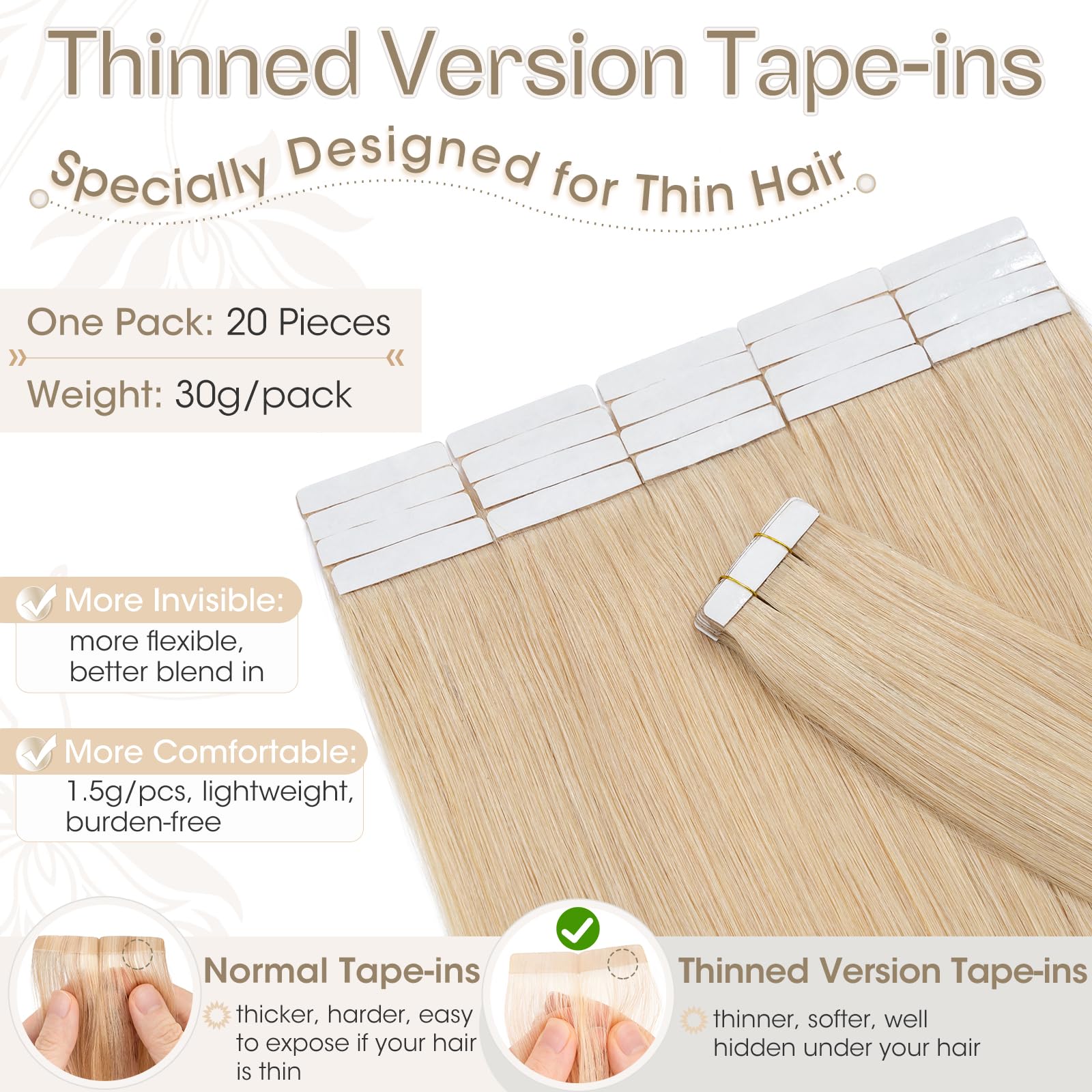 Elailite Tape in Hair Extensions Real Human Hair 20 Pcs 30g Invisible Thin Type - Image 2