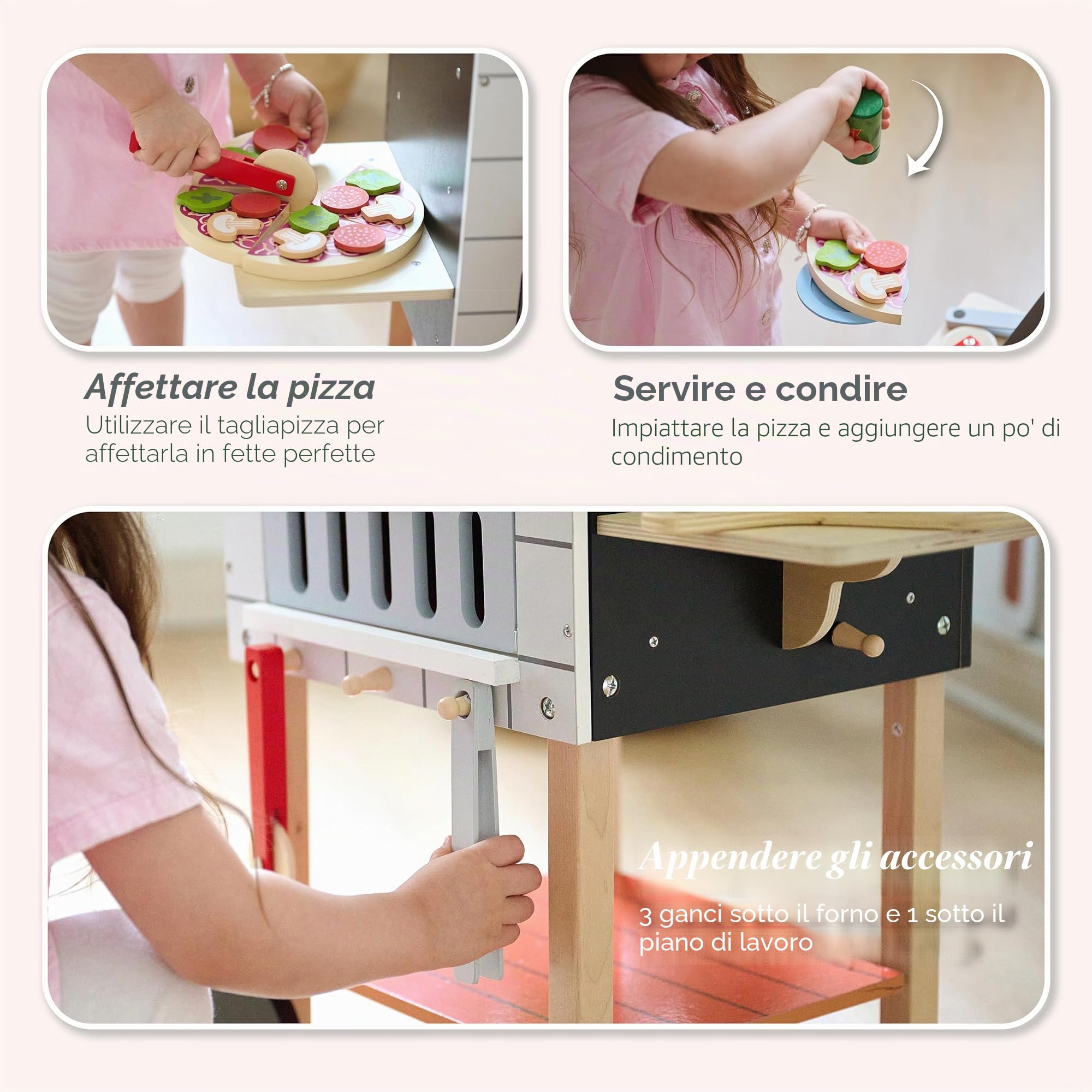 Teamson Kids Forno Pizza con 24 Accessori per Bambini, Grigio/Naturale | 24 Accessori
