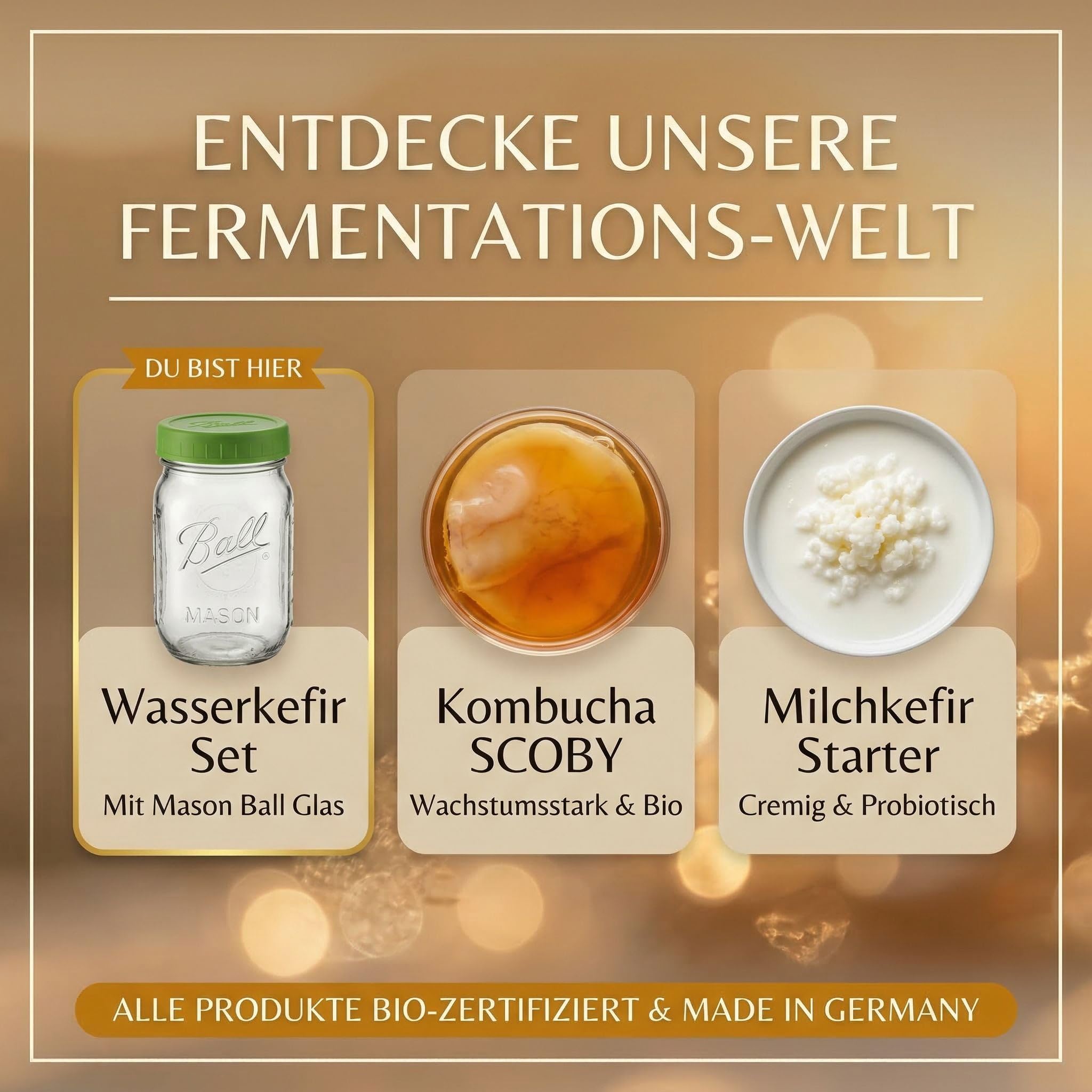 HeldenPilz® BIO Wasserkefir Starter Set mit Mason Ball Glas (600ml) – Wasserkefir selber machen | Japankristalle, Aufschraubsieb & Edelstahldeckel | Fermentations-Set mit Anleitung