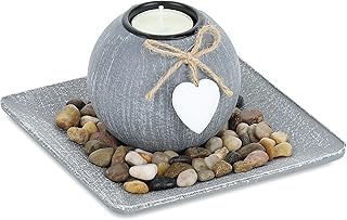 Relaxdays Tea Light Holder Set with Tray and Stones, 15.5 x 15.5 cm, Table Decoration Living Room, Dining Room, Candle Holder, Grey