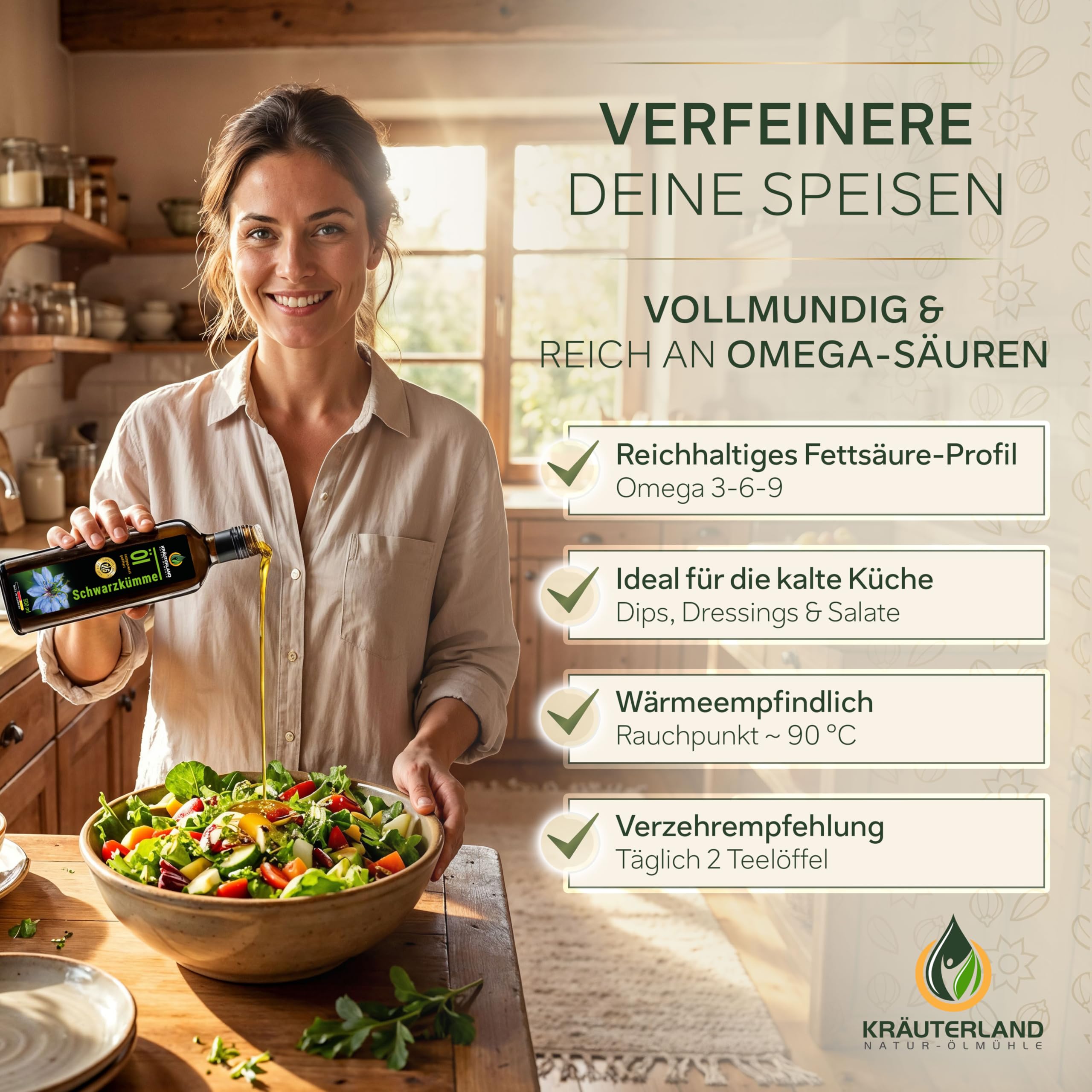 Kräuterland Schwarzkümmelöl 2X500ml (1Liter), gefiltert, naturrein ohne Zusatzstoffe, hoher Thymochinon, kaltgepresst, vegan, mild, glasflasche, mühlenfrisch direkt aus unsrer hessischen Ölmühle