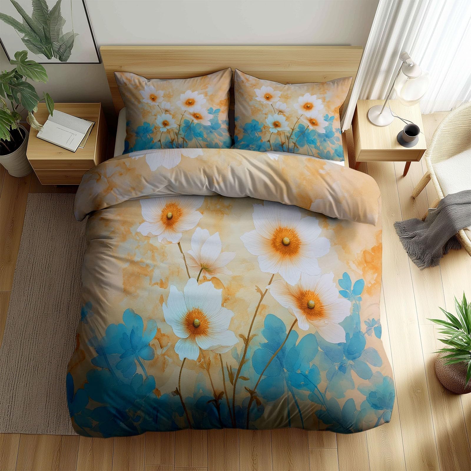 Housse de Couette Jaune 140x200 Motif Anémone Blanche Vintage Réversible