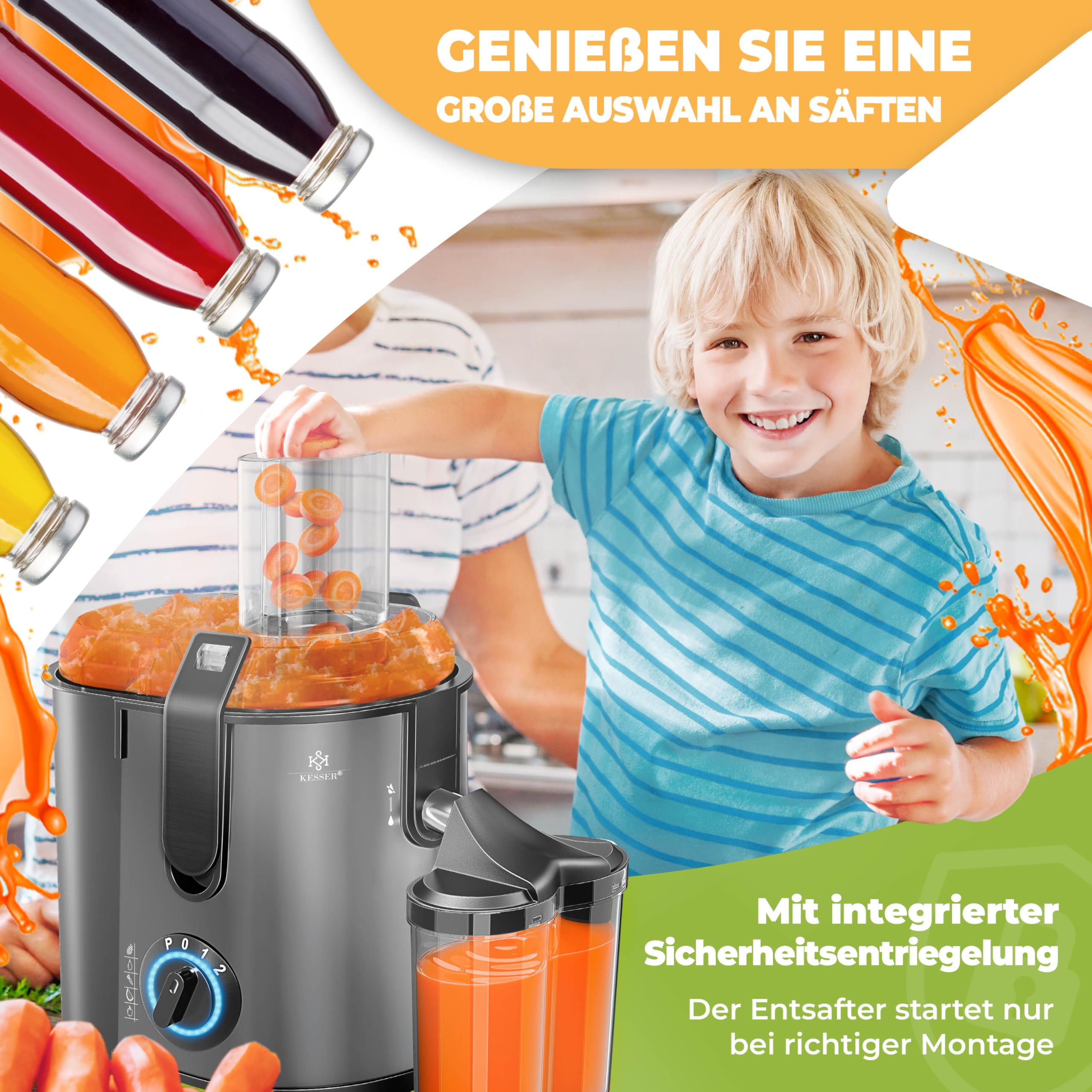KESSER® Extracteur de Jus Fruits Légumes en Acier Inoxydable 1100W Grand Tube d'alimentation 3 Niveaux Presse-Juices Electrique Presse-Juice + Brosse, Porte-Juis, Livre de Recettes, Anthracite