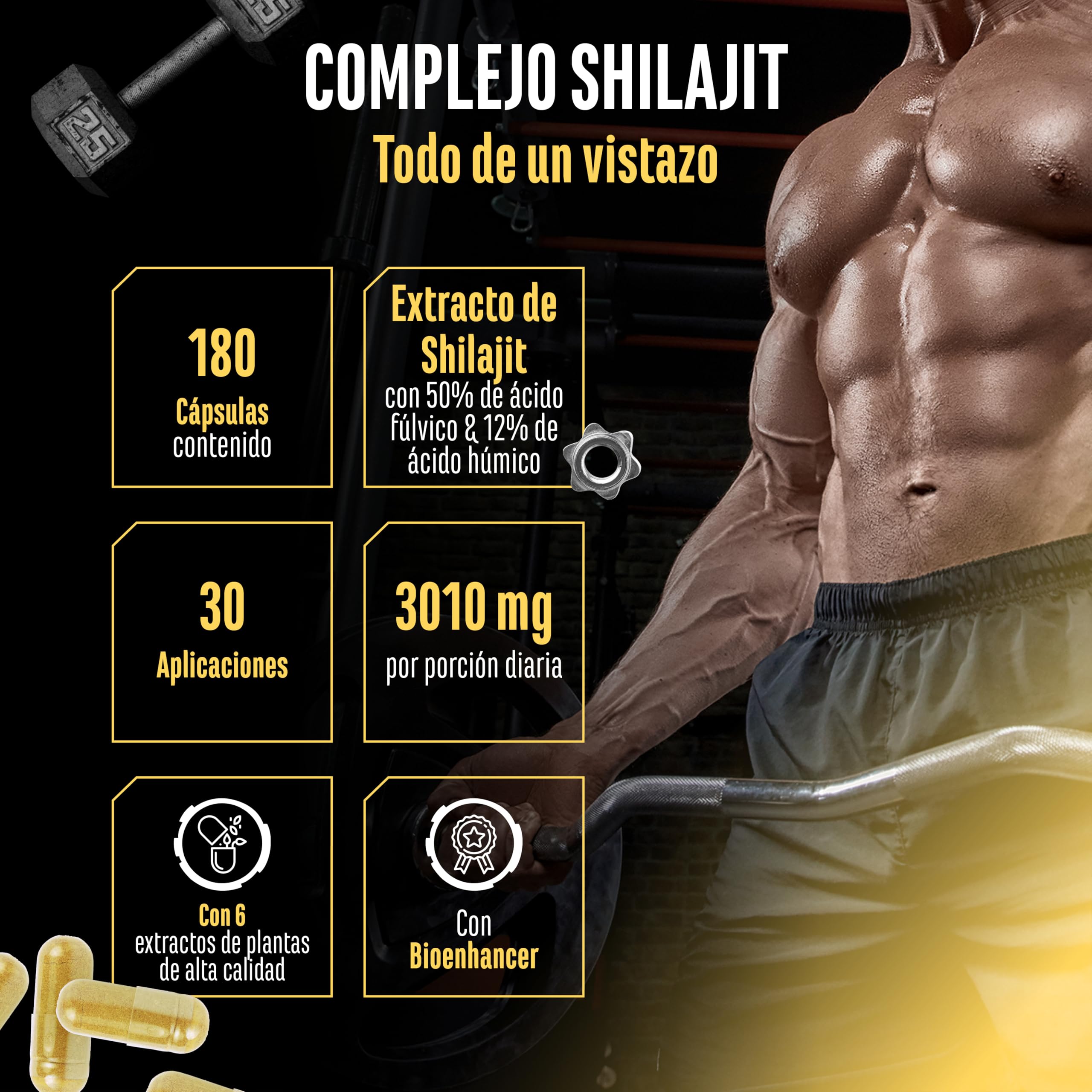 Shilajit Complex - 180 cápsulas - Alta dosis con 3010 mg por dosis diaria - Con ginseng, schisandra, triphala, extracto de tulsi, 50% de ácido fúlvico y 12% de ácido húmico - Vegano
