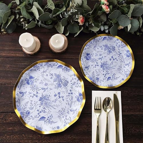 Miniatura 8 de Efavormart - Paquete de 25 platos de postre de papel chinoiserie blanco y azul de 8 pulgadas con borde ondulado dorado, platos desechables redondos