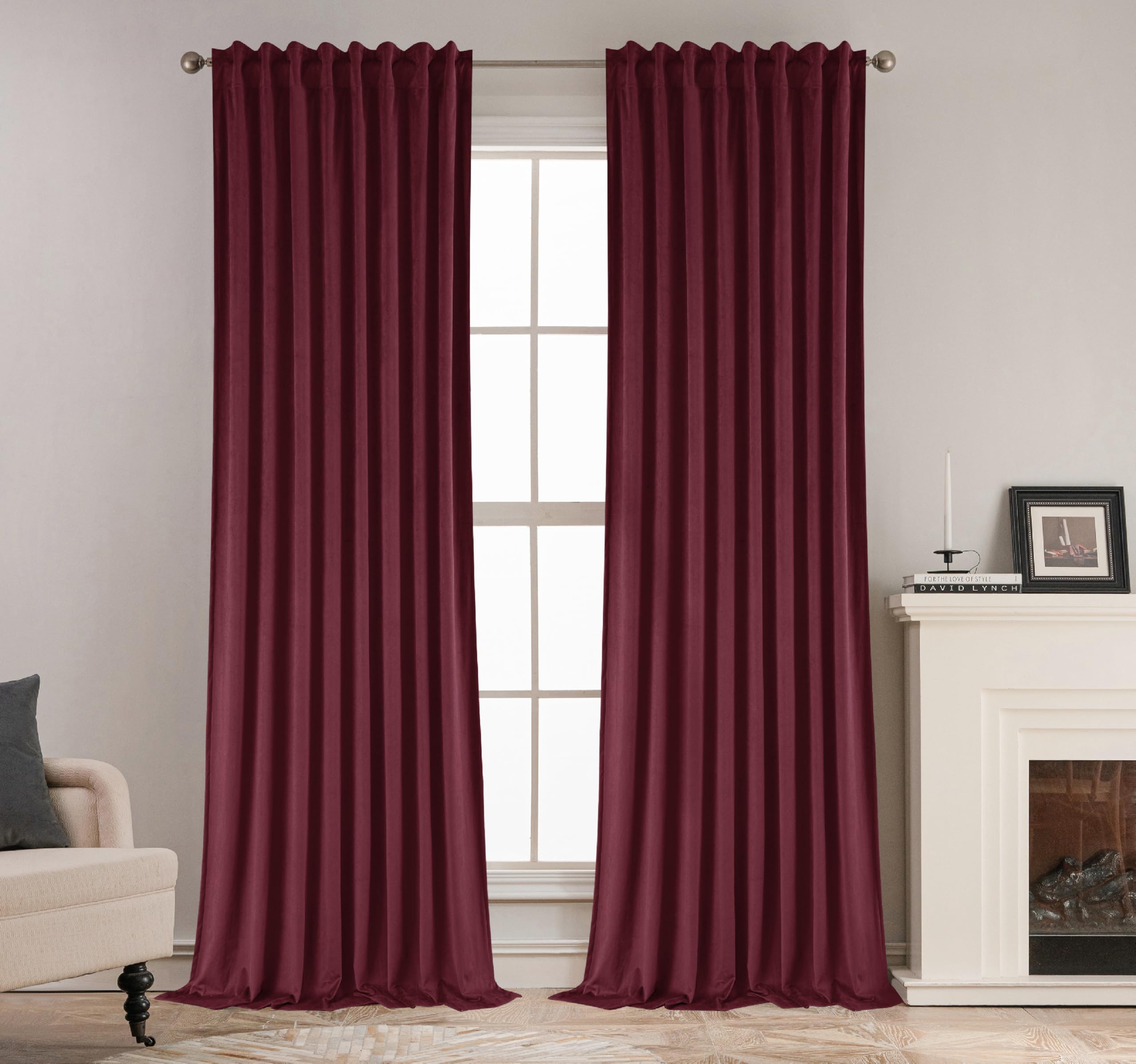 SMILETIME 52" x 84" Burgundy Red Back Tab Velvet Curtains, 2-Panel Set
