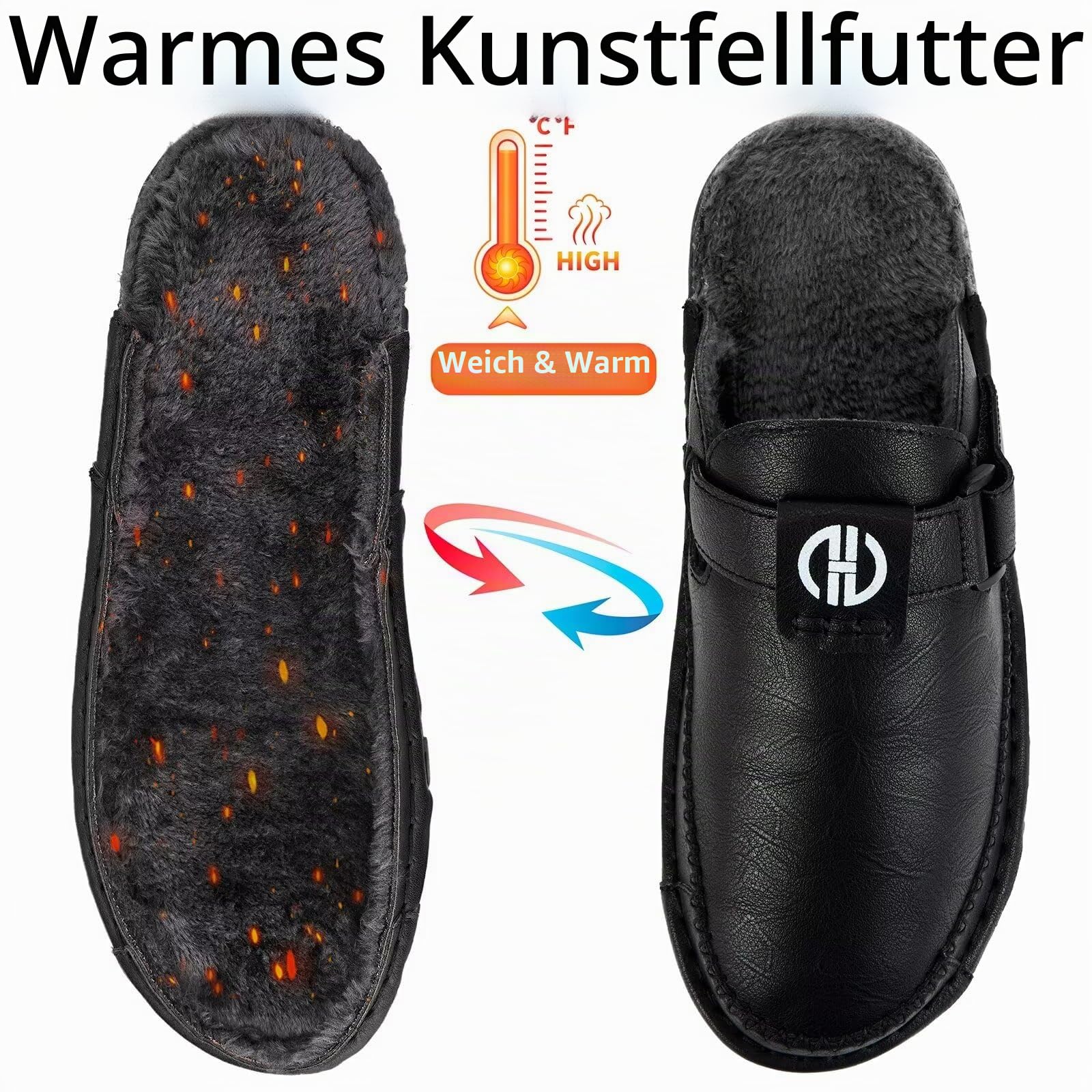 Hausschuhe Herren Leder Warm Plüsch Gefüttert Pantoffeln Clogs Mit Rutschfest Gummisohle