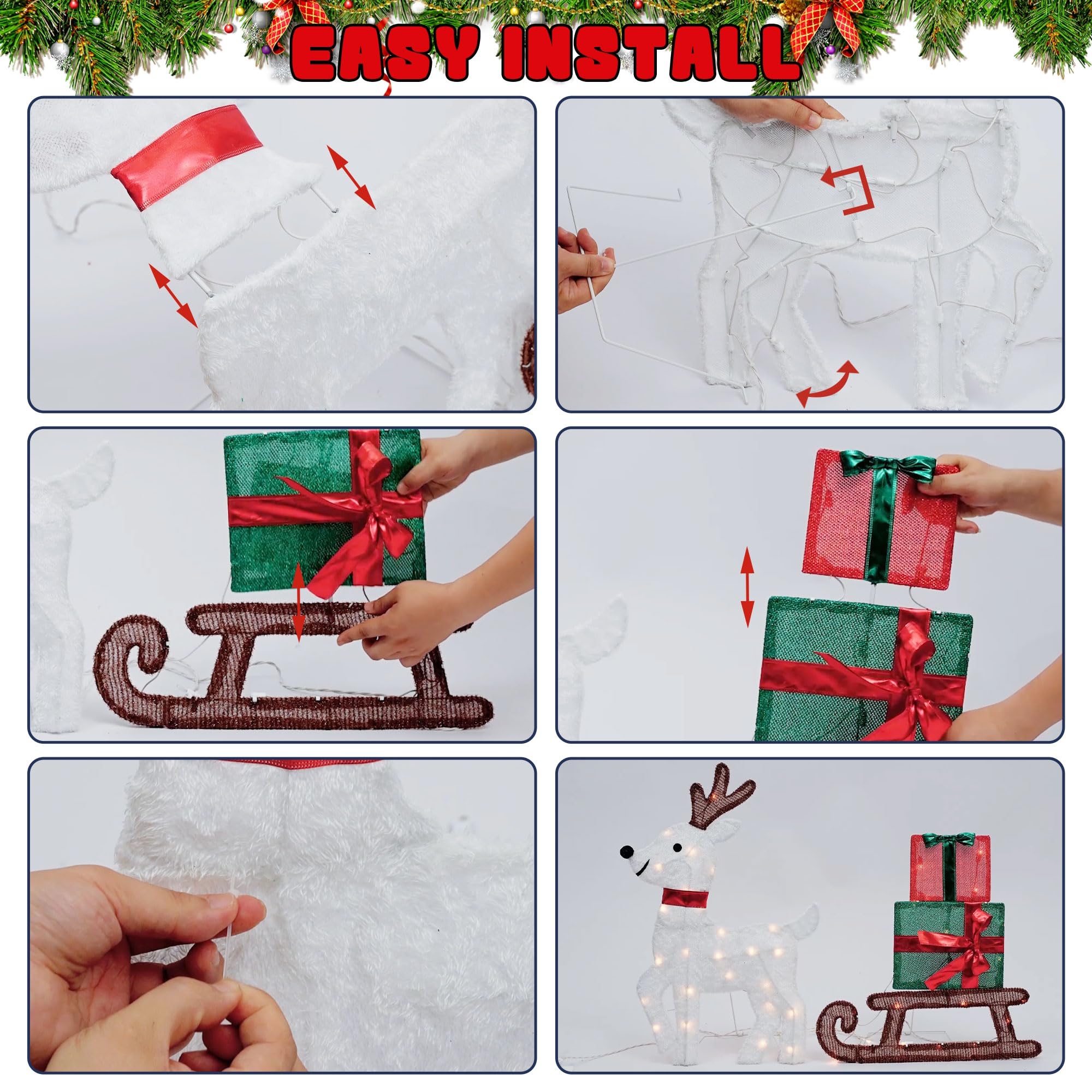 Joliyoou Décoration de cour de Noël, renne pré-éclairé et traîneau cadeau avec 50 lumières blanches chaudes, affichage de vacances éclairé 2D pour porte d'entrée de Noël, décoration intérieure et