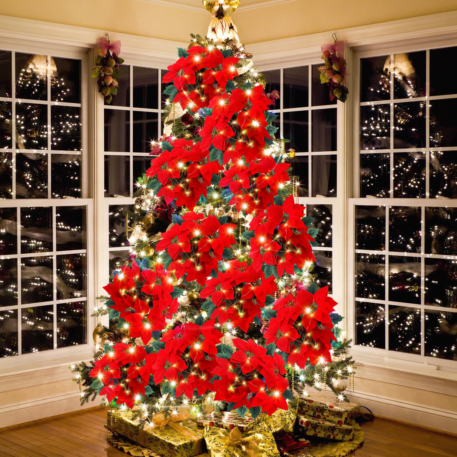 Lot de 12 fleurs de poinsettia artificielles lumineuses de Noël en vrac, 40 cm, 7 tiges artificielles en velours rouge pour intérieur et extérieur, décoration de sapin de Noël, maison, porche