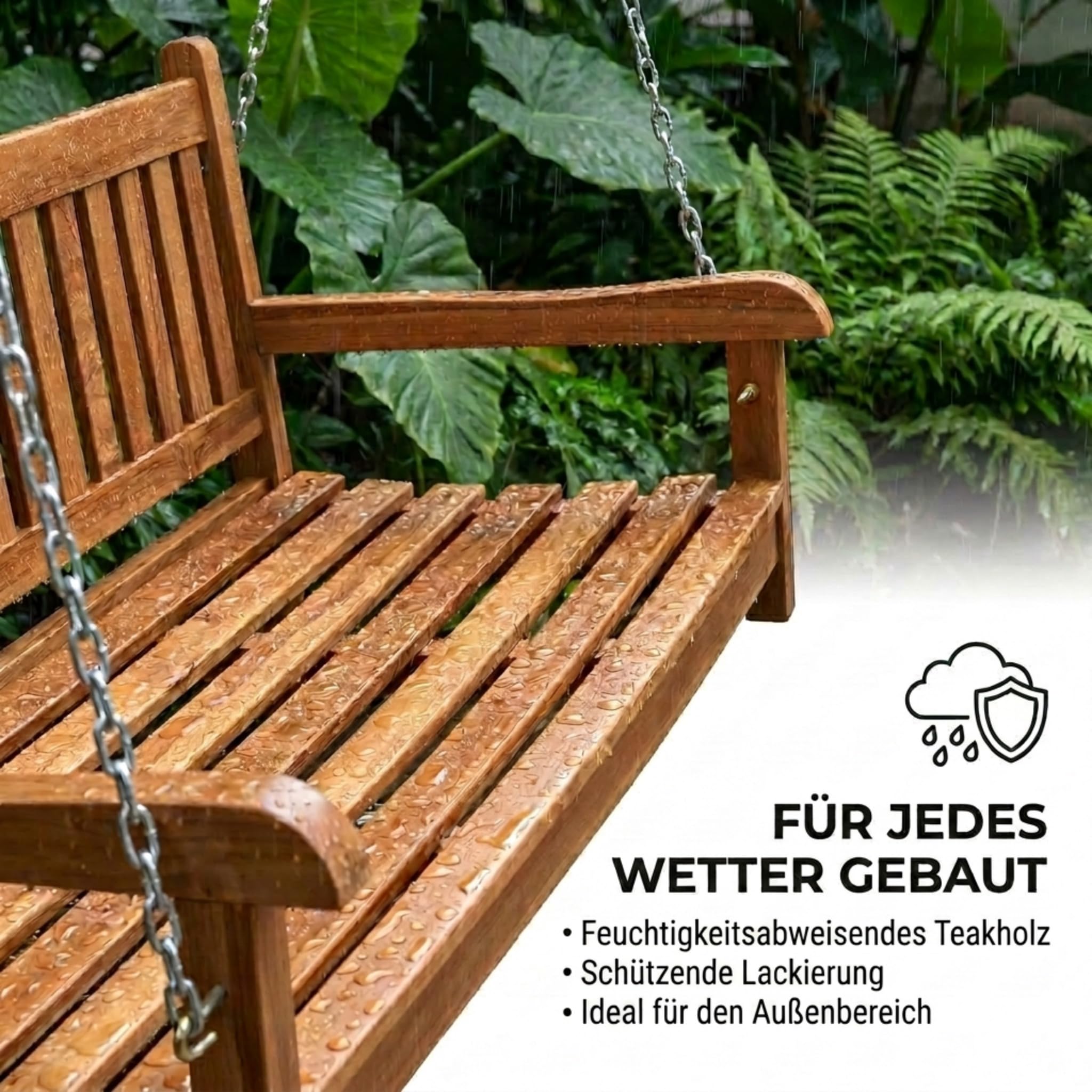 SAM Premium Hollywoodschaukel 2-Sitzer Susana, Schaukelbank 120 cm Teakholz massiv lackiert, hängende Holzschaukel Gartenschaukel wetterfest für Garten Terrasse Balkon Outdoor, Unikat