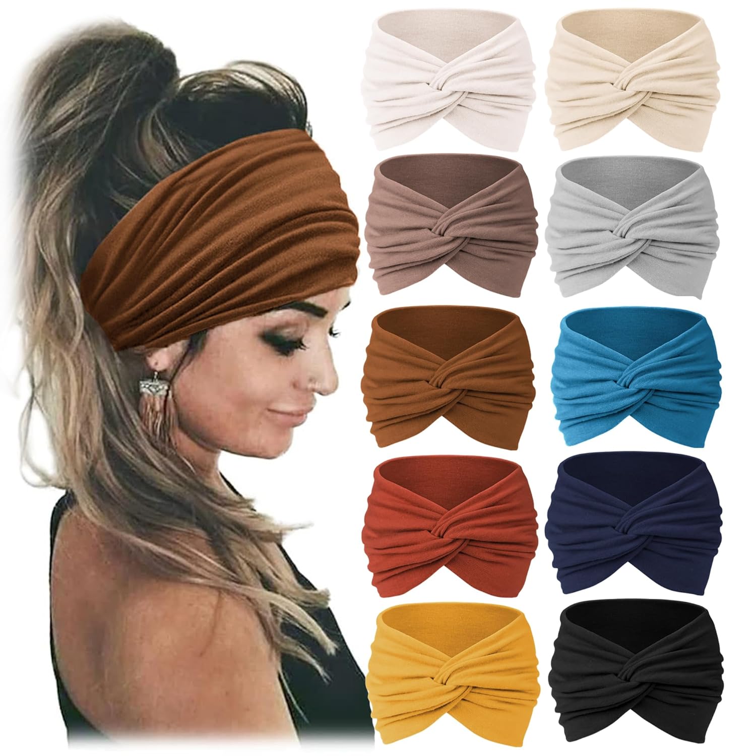 Jesries 10 PCS Women Headbands African Wide Hair Wrap Extra Turban Head Bands for Lady Large Sport Workout Stretch Non-slip Big Hair Bands Khaki