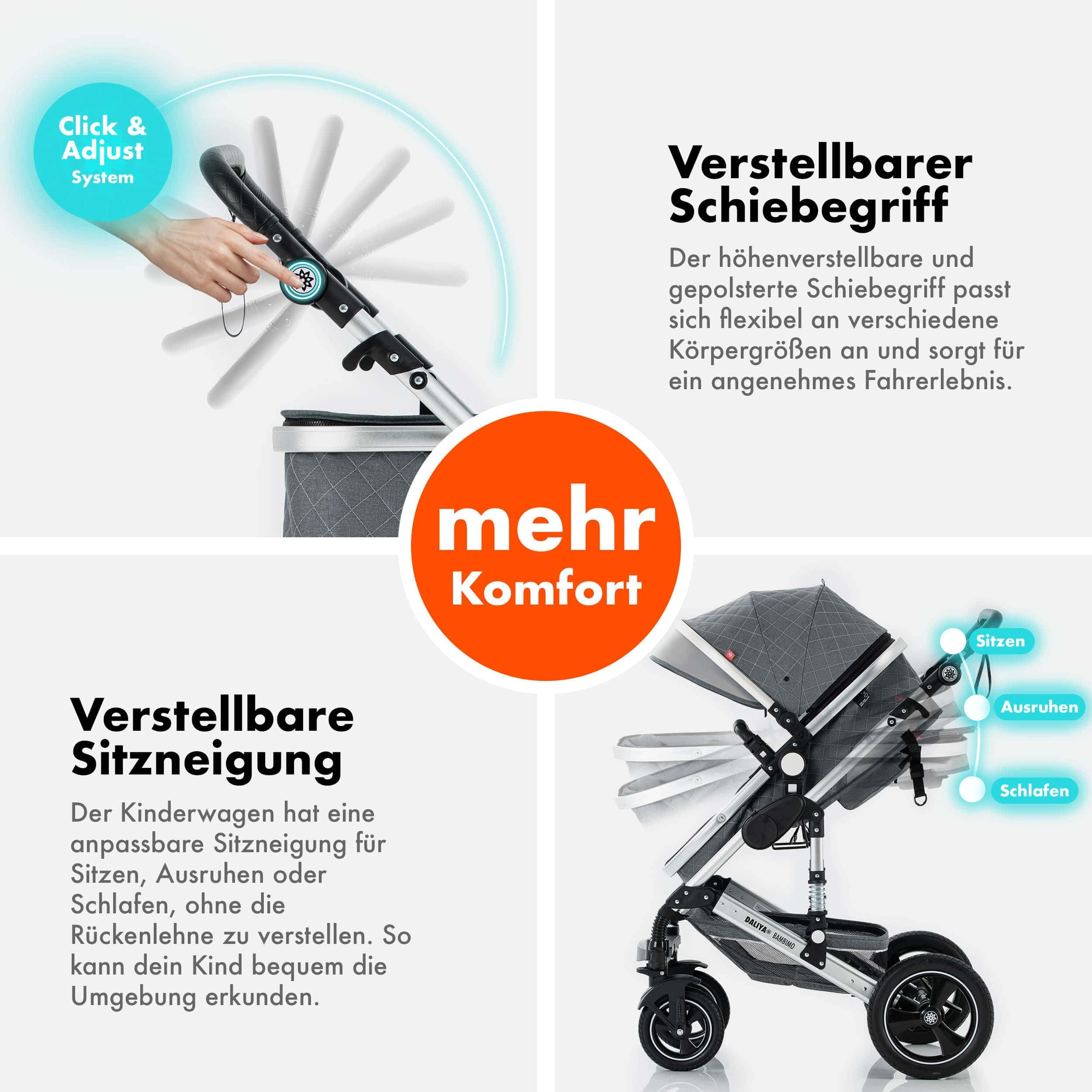 Daliya® BAMBIMO 2in1 Kinderwagen | Kombikinderwagen mit Aluminium-Gestell & Federung | Umbaubar zum Buggy | Wenderichtung beidseitig | Klappbar & platzsparend | Airless-Räder (Grau - Rahmen Silber)