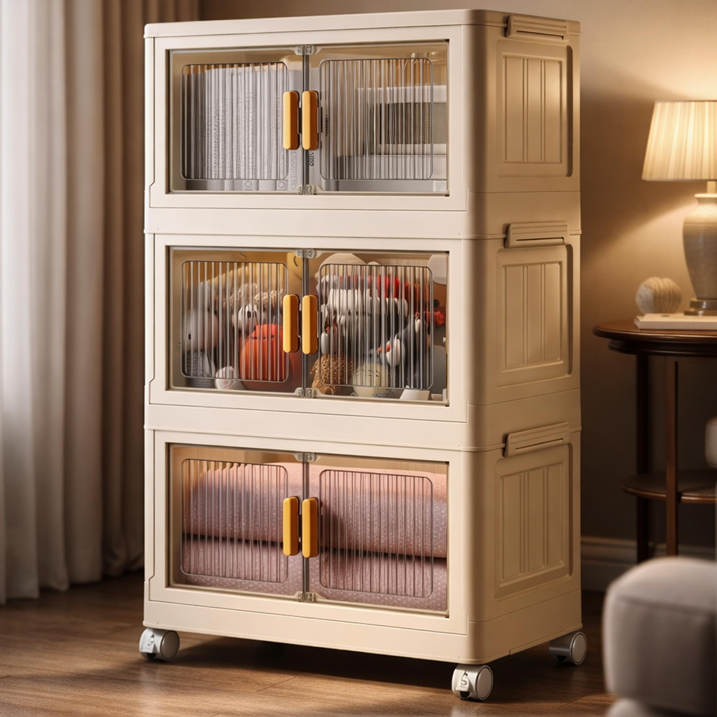 BAMEOS 3 Layer Plastic Storage Cabinet with Doors & Wheels, White - Image 1