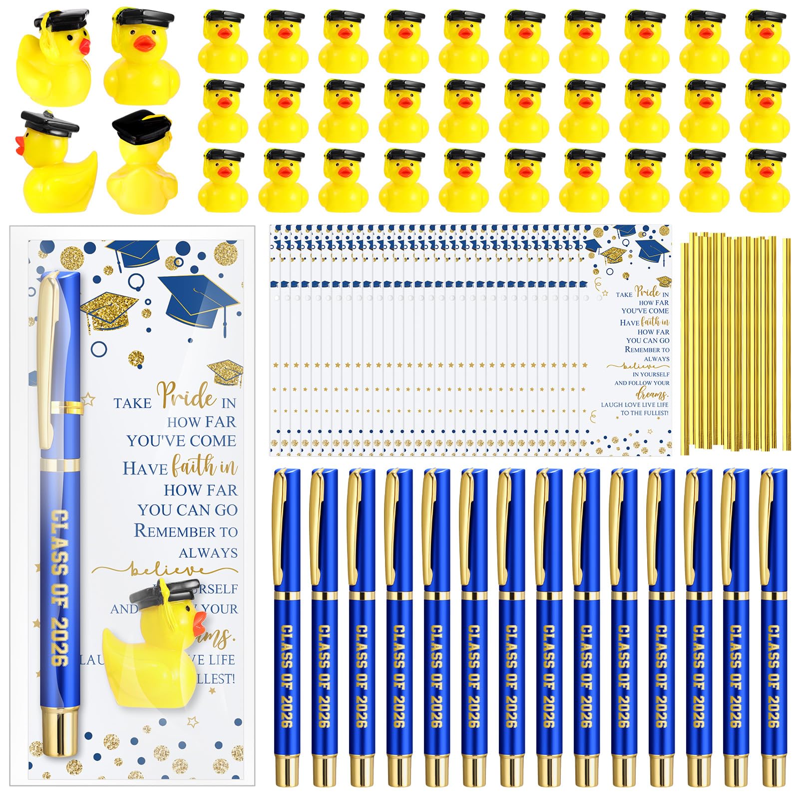 Sayglossy 30 Sets Graduation Gifts Bulk Class of 2025 Gel Ink Pen Mini Card Cap Yellow Resin Duck Graduation Party Decorations Favors for Student(Bule)