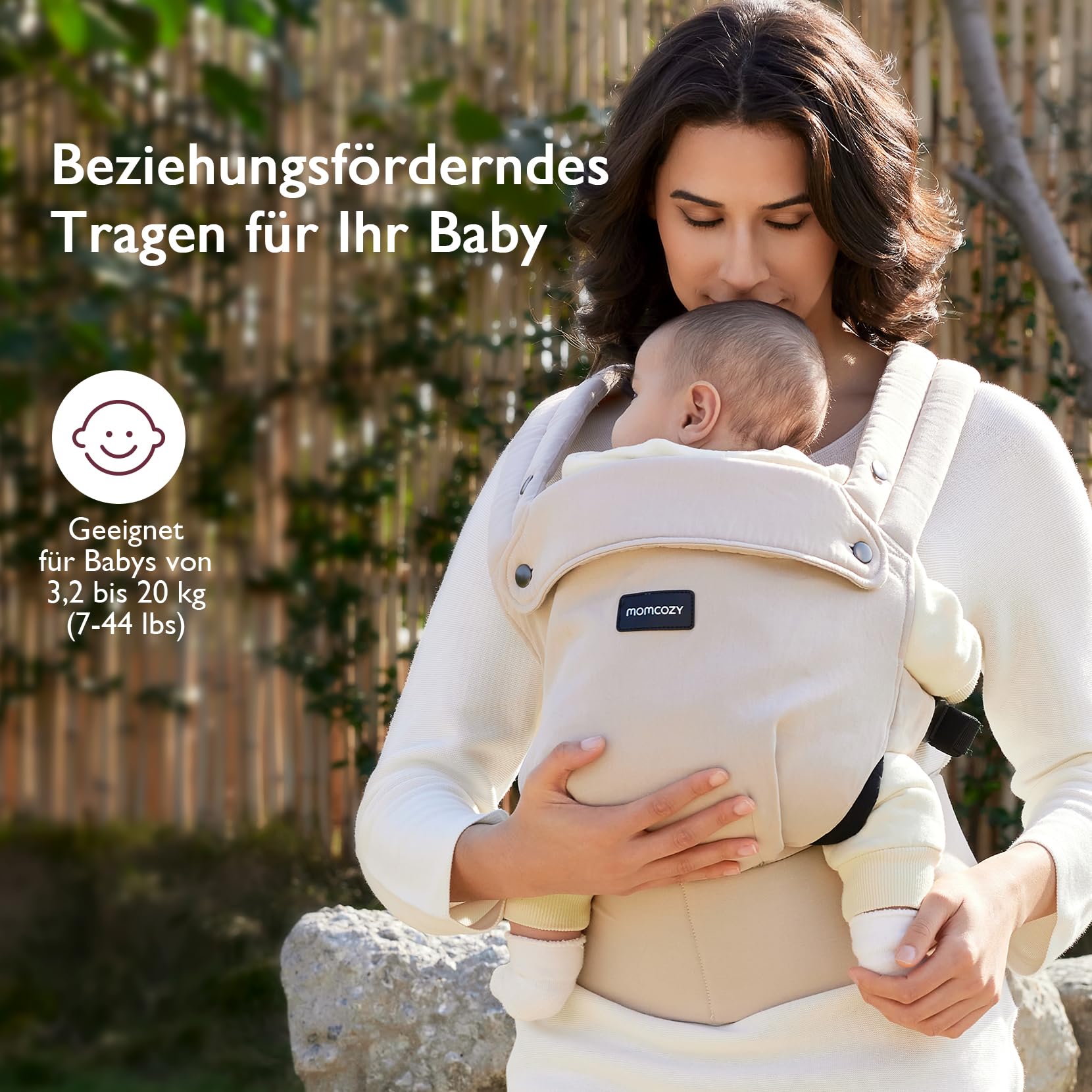 Momcozy Babytrage aus 100% Baumwolle – Baby Carrier für Kleinkind (3-24 Monate, 3,2-20 kg) · Ergonomische M-Position · X-Rücken · Taillengurt 64-127cm, Khaki