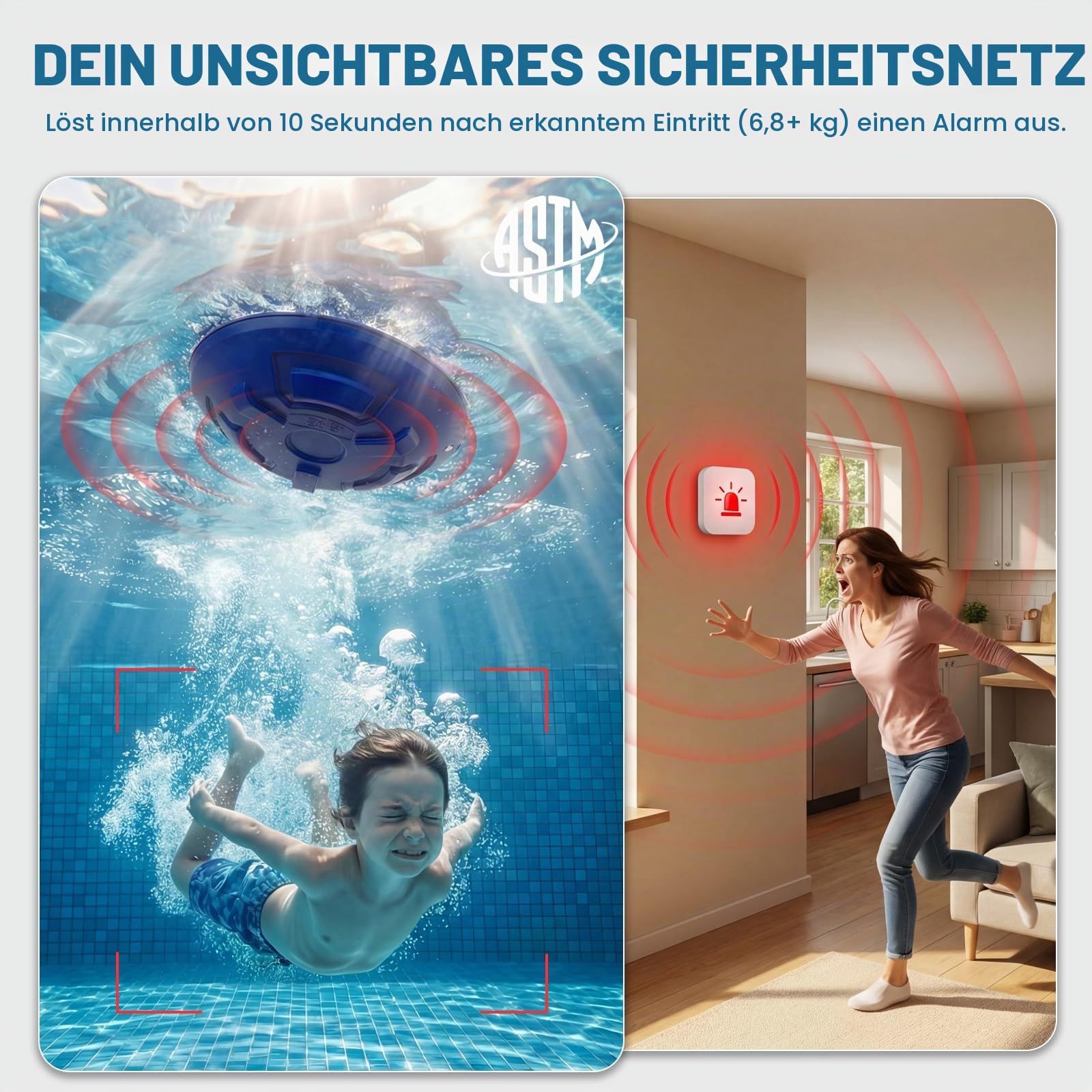Pool-Alarm, schwimmender Sicherheitsalarm für Innen- und oberirdische Pools, 110 dB Sirene, IP68 wasserdicht, intelligente Wellenerkennung verhindert falsche Warnungen, 79,9 m kabellose Reichweite