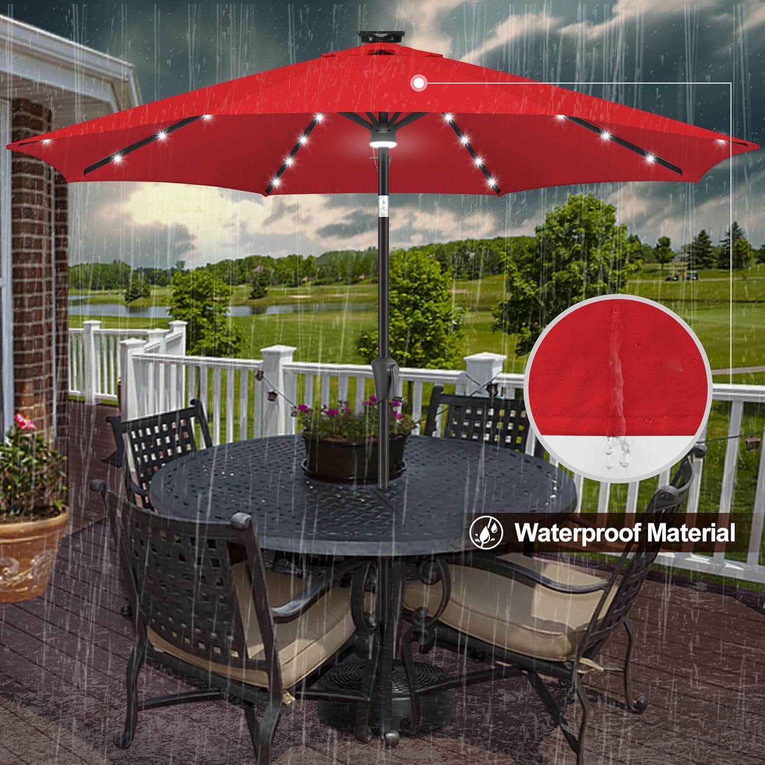 FLAME&SHADE 9 FT outdoor umbrella with 40LED lights, solar light patio umbrella with Centre Surround Light, Table Market Umbrella Outdoor Patiofor Deck, Pool, Backyard, Garden (Red)