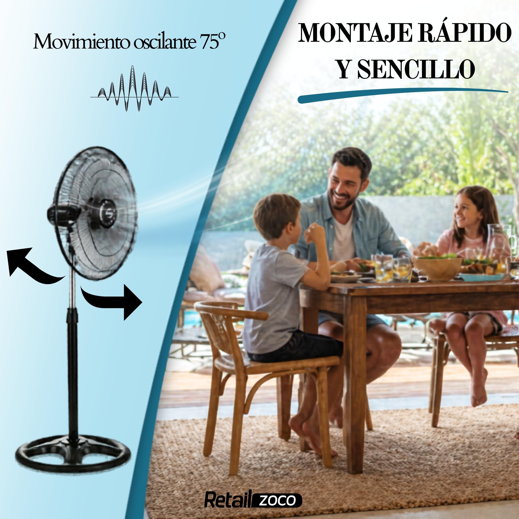 Ventilador de Pie 90W, Ventilador de suelo, Silencioso, Oscilante 3 Velocidades Altura Ajustable 110 a 130 cm, Base redonda, Aspas de 45 cm, Apto para Hogar, Oficina y Almacén, 1 Unidad color negro - imagen 6