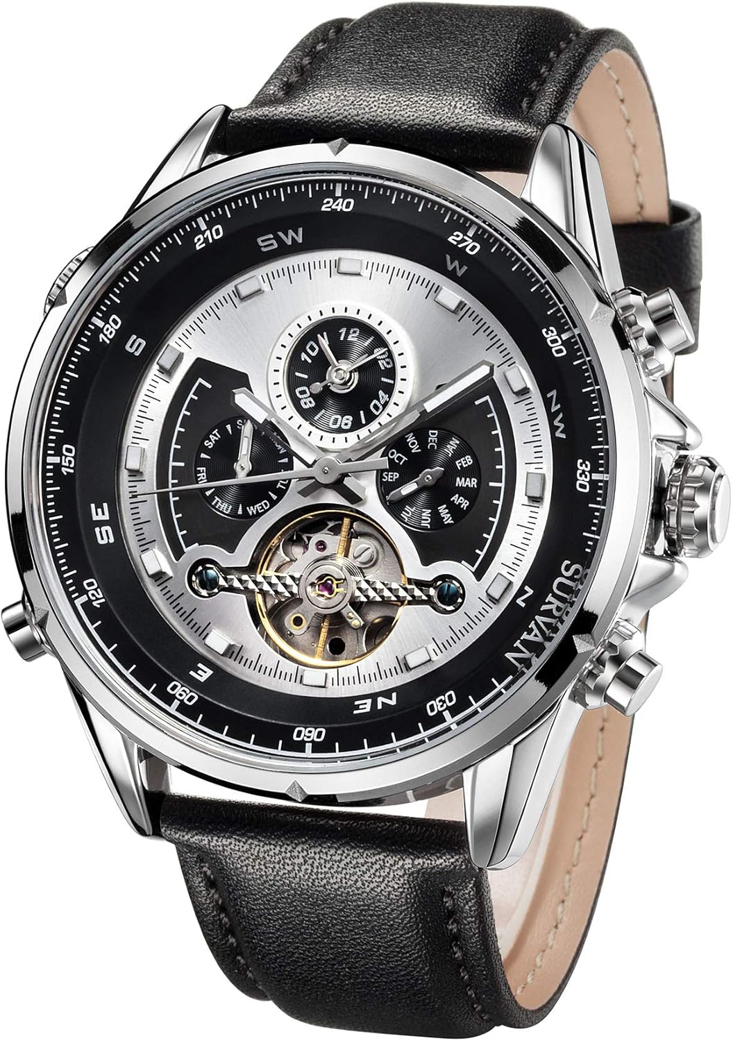 Men's Automatic Watch Dual Time Zone Mechanical Skeleton Watch Genuine Leather Strap Silver