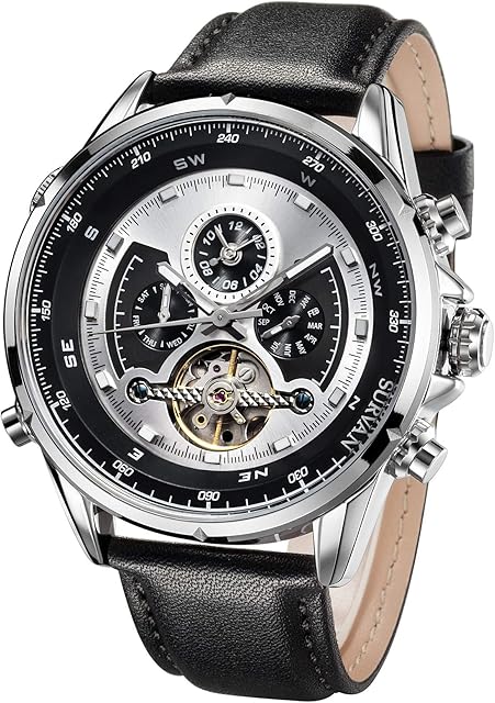 SURVAN WatchDesigner Men's Automatic Dual Time Zone Mechanical Skeleton Watch Genuine Leather Strap