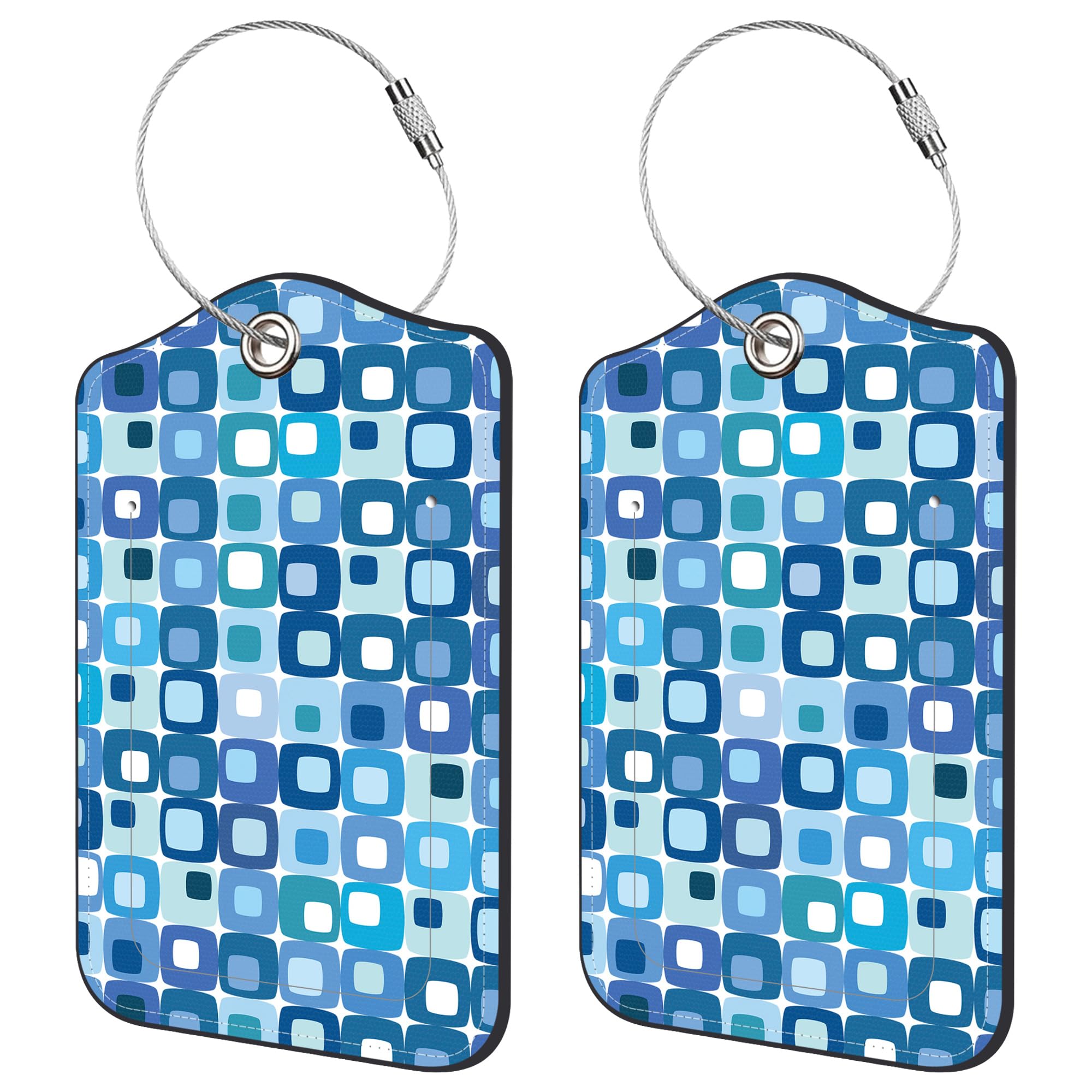 Neidius 2 Pack Luggage Tags,Retro Blue Square PU Leather Idea Baggage Tag with ID Labels Privacy Cover Metal Ring Men and Women Travel Bag Labels