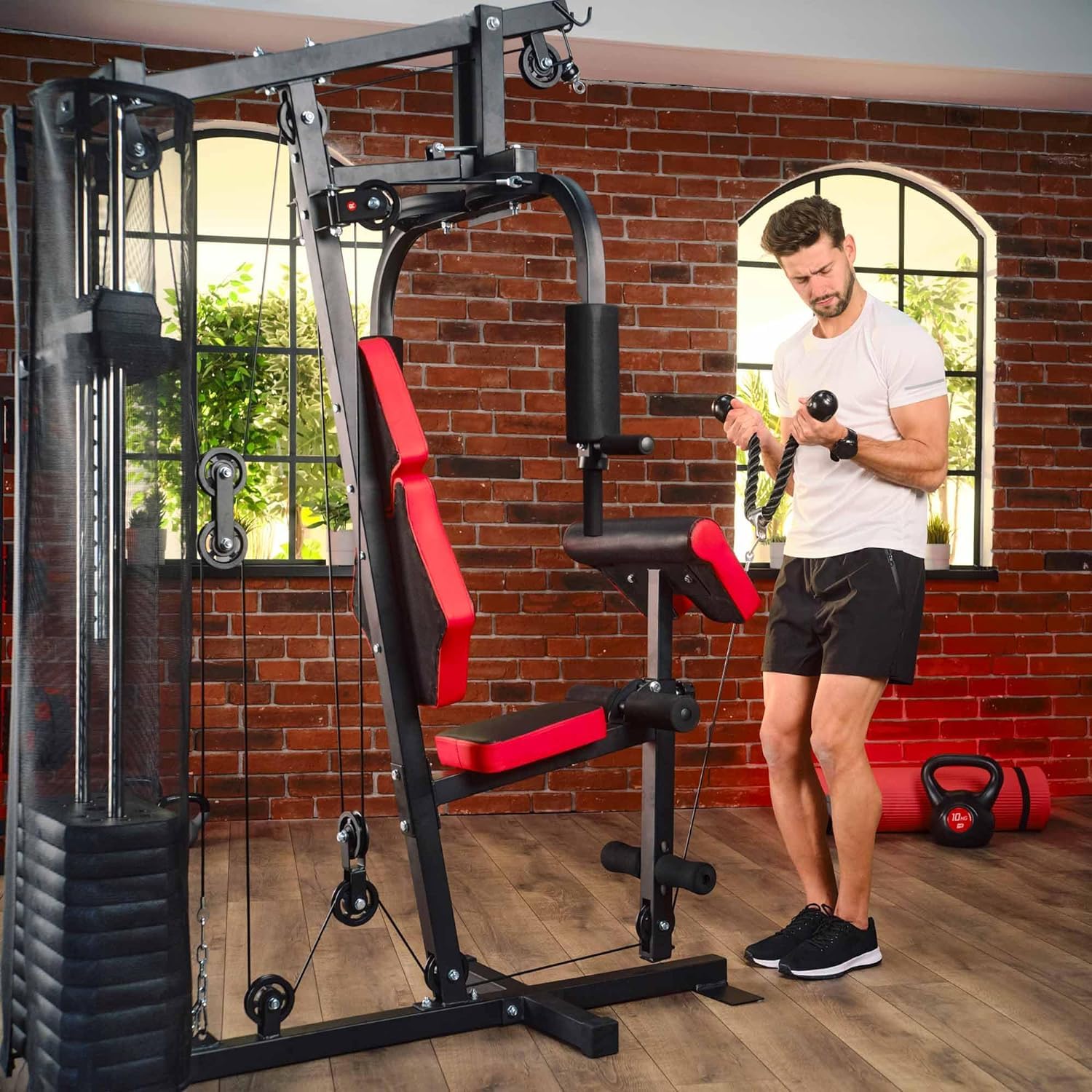 Hop-Sport Station de Musculation Multifonction Complet HS-1044K, Multigym avec 1 Station + 66 kg, Fitness Musculation Appareil avec poulie Haute, Papillon et tirage latéral
