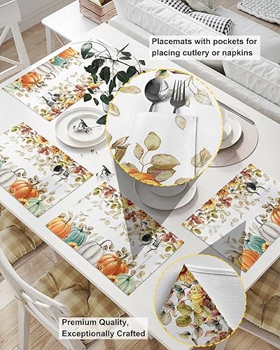 Miniatura 2 de Fall Thanksgiving Table Placemats for Dining Table Set of 4,Cotton Linen Cloth Kitchen Place Mats with Pocket,Washable SquareRectangleRoundOblong