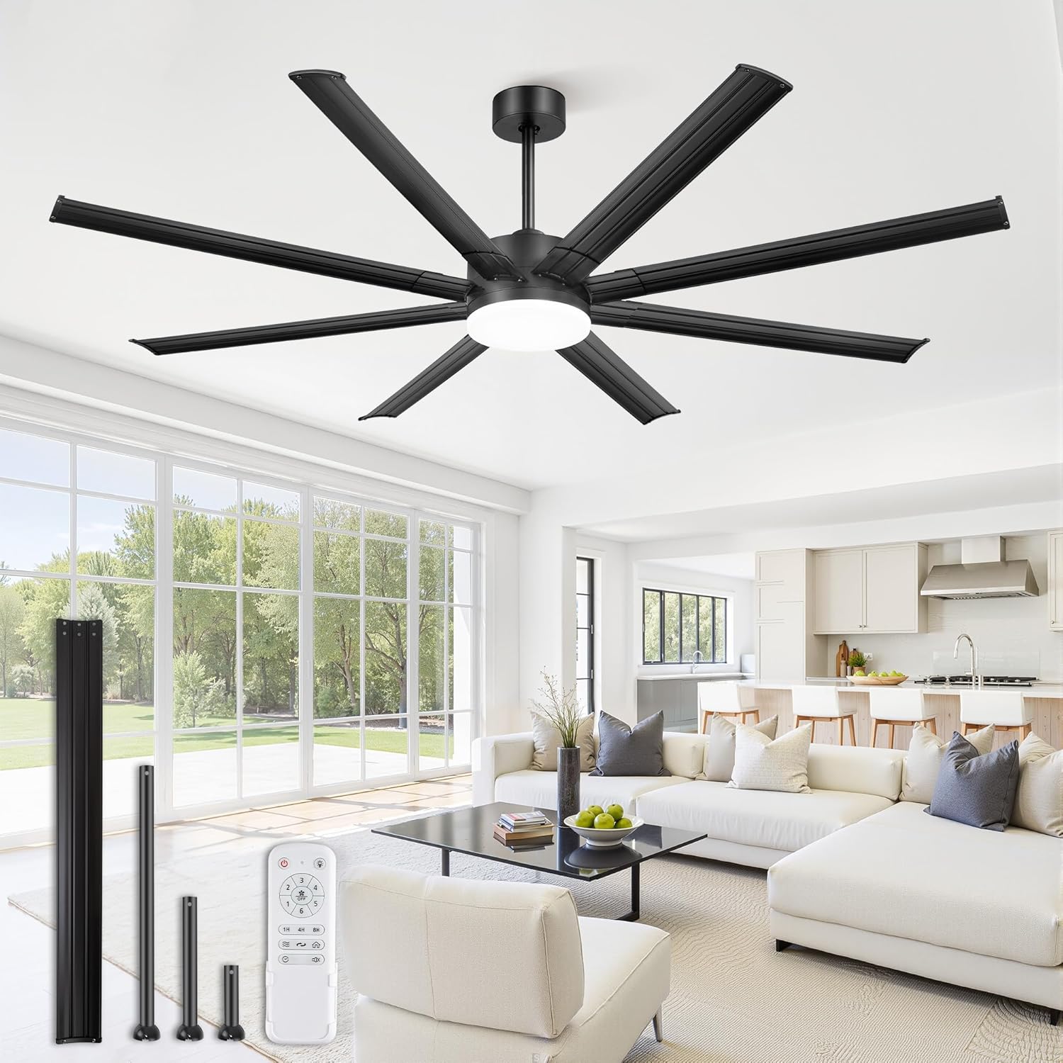 72 Inch Large Ceiling Fan with Lights & Remote, Black Modern Design, 8 Iron Blades & 9600 CFM High Airflow, Quiet Reversible DC Motor, 3CCT Lighting, 3 Downrods -for Bedroom, Living Room