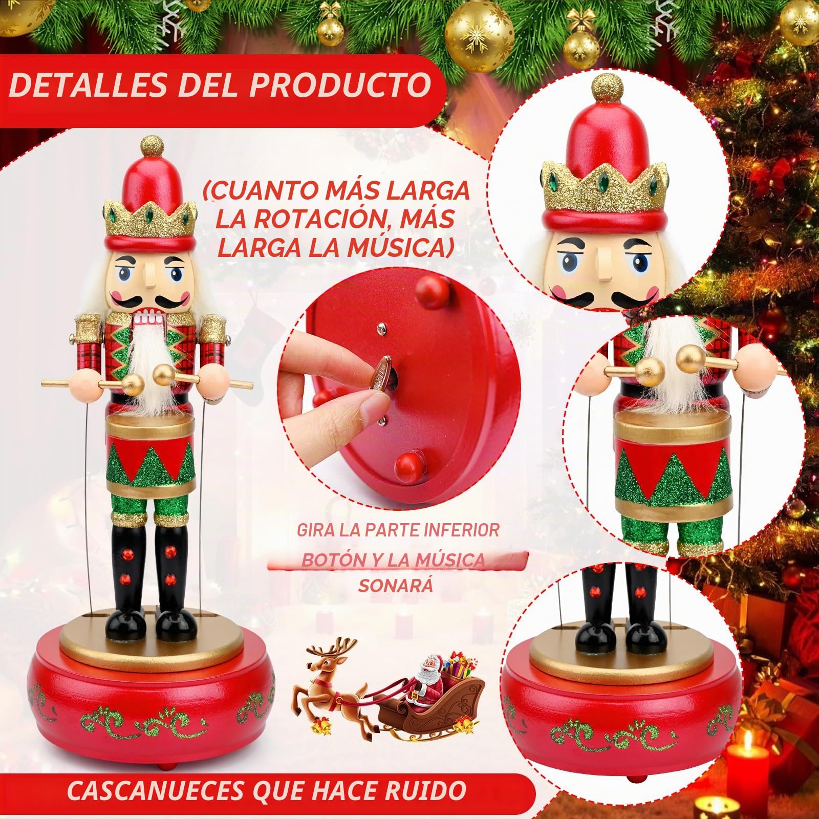Jodsen Caja de Música Cascanueces de Madera para Navidad - Soldado Tamborilero Hecho a Mano - Figura Decorativa para el Hogar