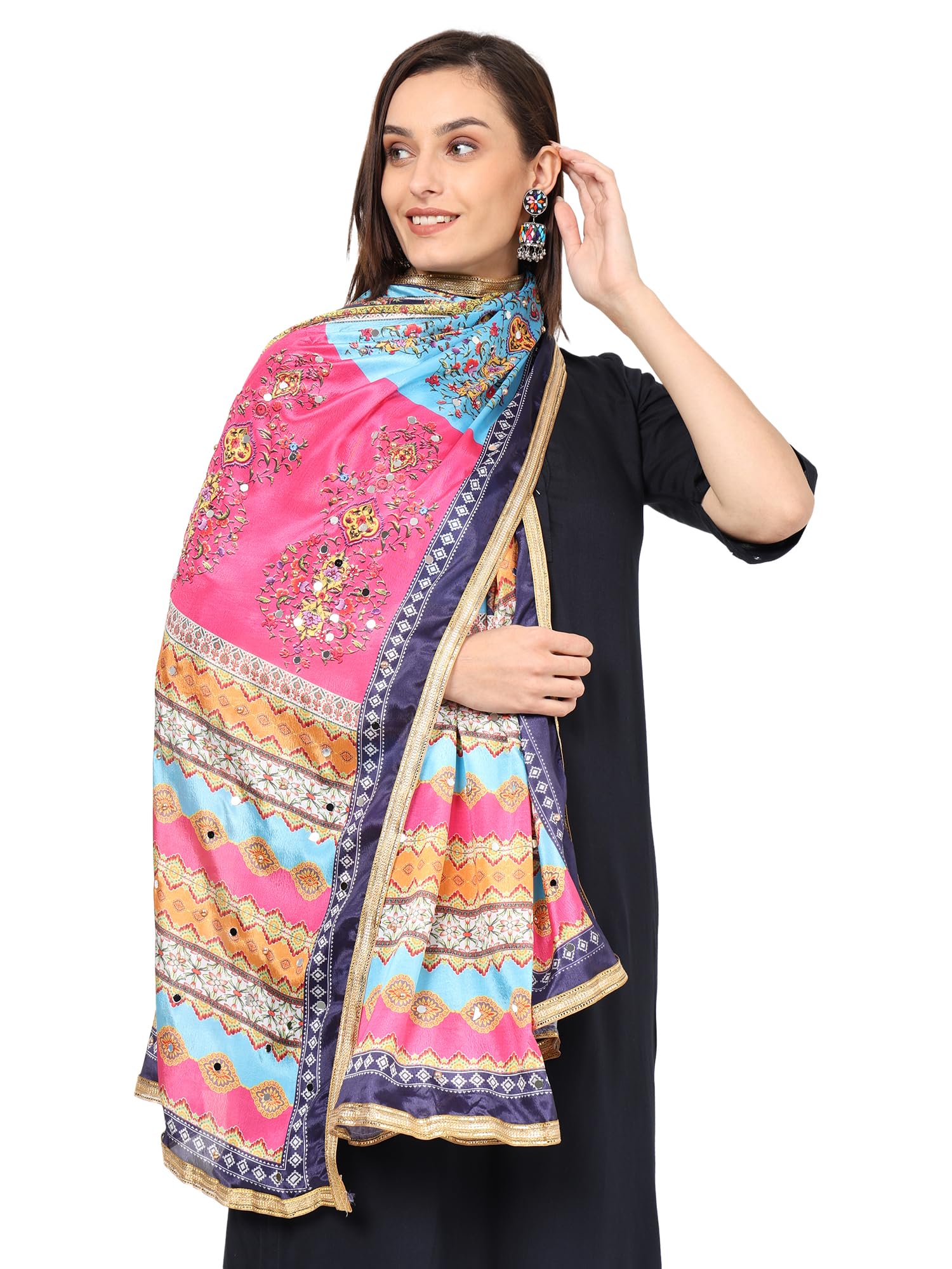 Weavers Villa Women's Poly Silk Digital Graphic Printed Mirror Work Ethnic Dupatta, Chunni, 2.20 Mtrs
