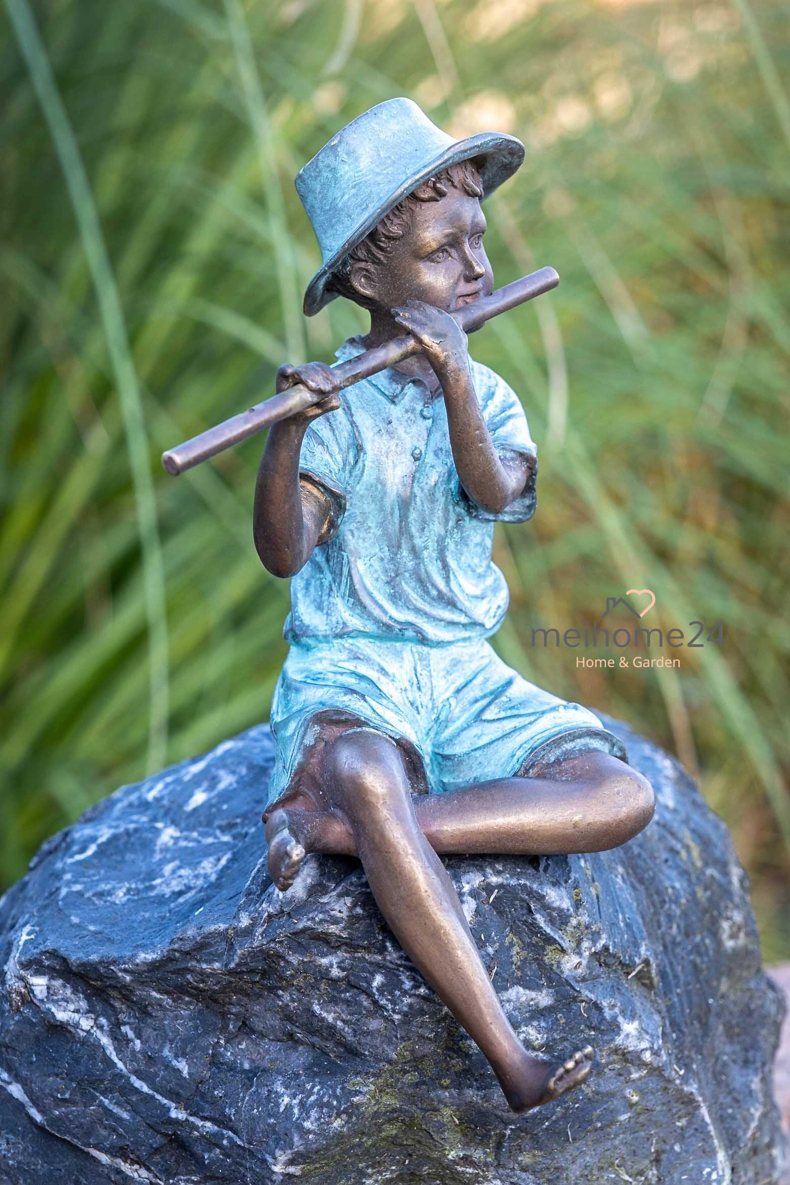Generisch Bronze-Skulptur Junge | Kantenhocker | mit Querflöte | 12x10x20cm | Jungenfigur aus Bronze | handgefertigt