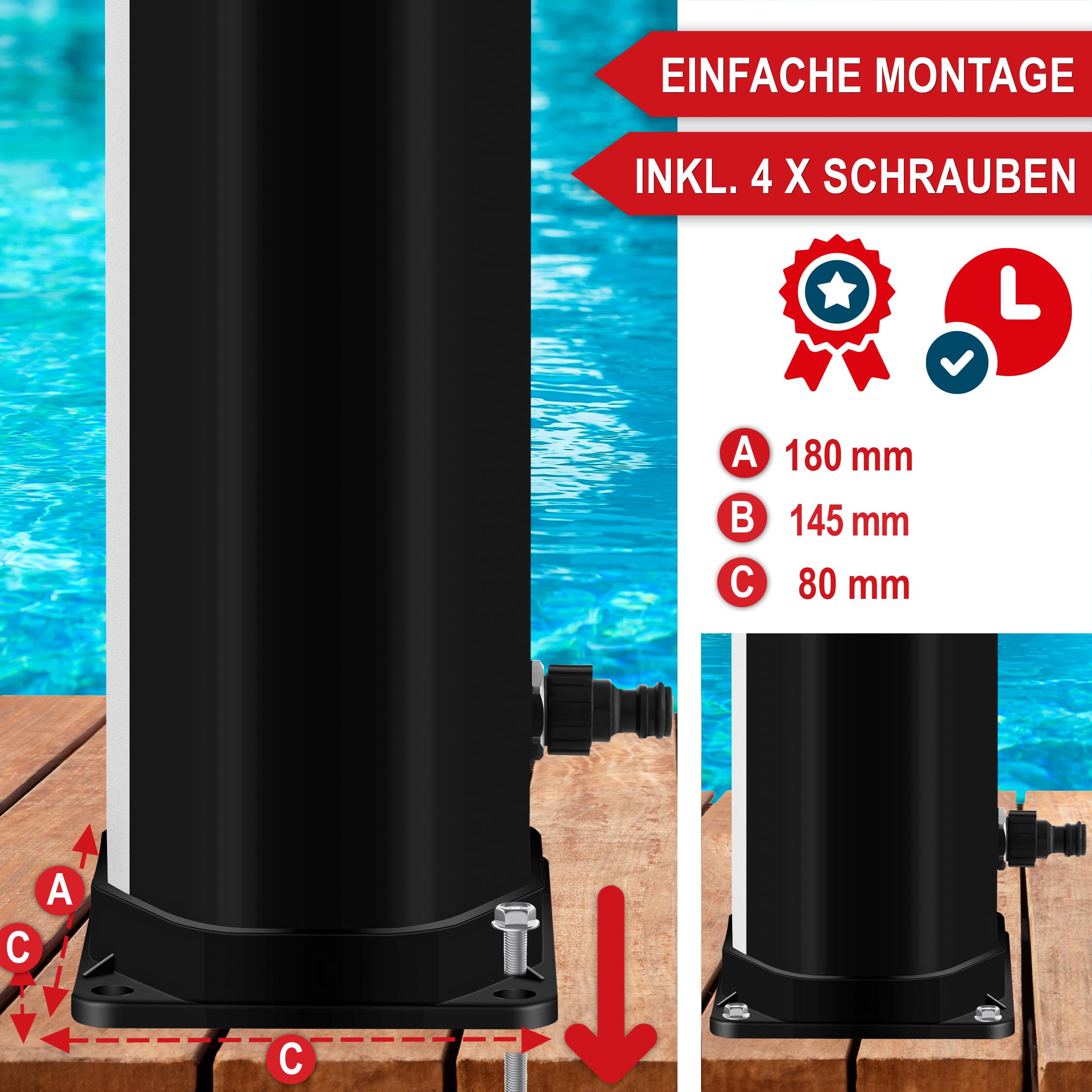 Onbest 35 Liter Solardusche Garten mit Regenschutz – Zusätzlicher Wasserhahn und integriertes Thermometer – 60°C – Warm - Kalt - Regler – Outdoor Gartendusche für Garten, Balkon & Pool – Solar Shower