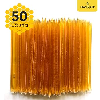 Homestead Honey 50-Pack Honey Sticks - Sweet Pure Wildflower Honey Packets for Tea and Snacks - Single Serve Natural Sweetener Straws - Easy Open for Travel, Lunchboxes, and On-the-Go Use