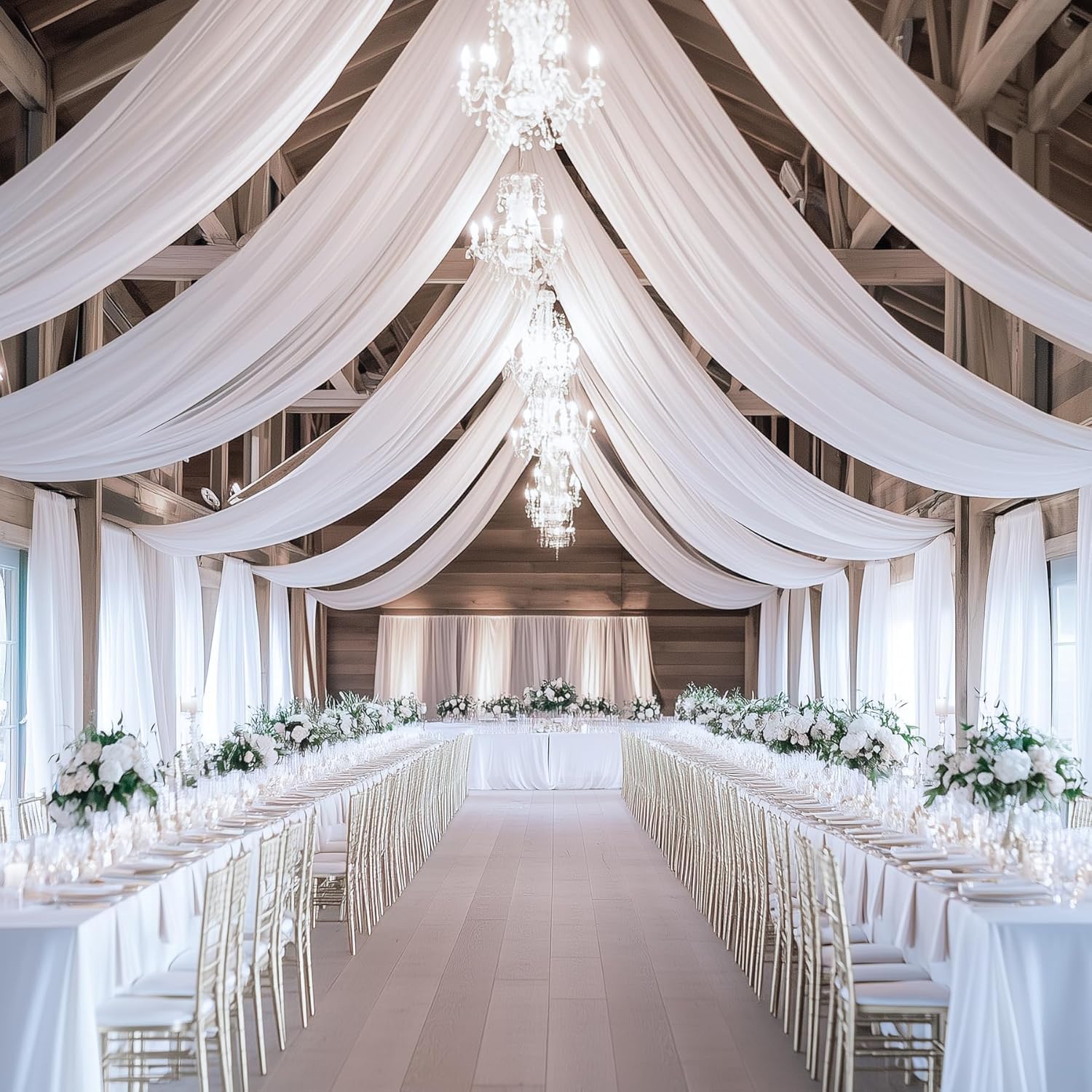 HoldOneLight Deckenvorhang-Set für Hochzeiten mit Aufhängering und 6 Bahnen (1,5 m x 3 m) – transparente Chiffon-Deckenvorhänge für Hochzeitsbögen, Partys, Zeremonien, Bühnen und Zeltdekorationen